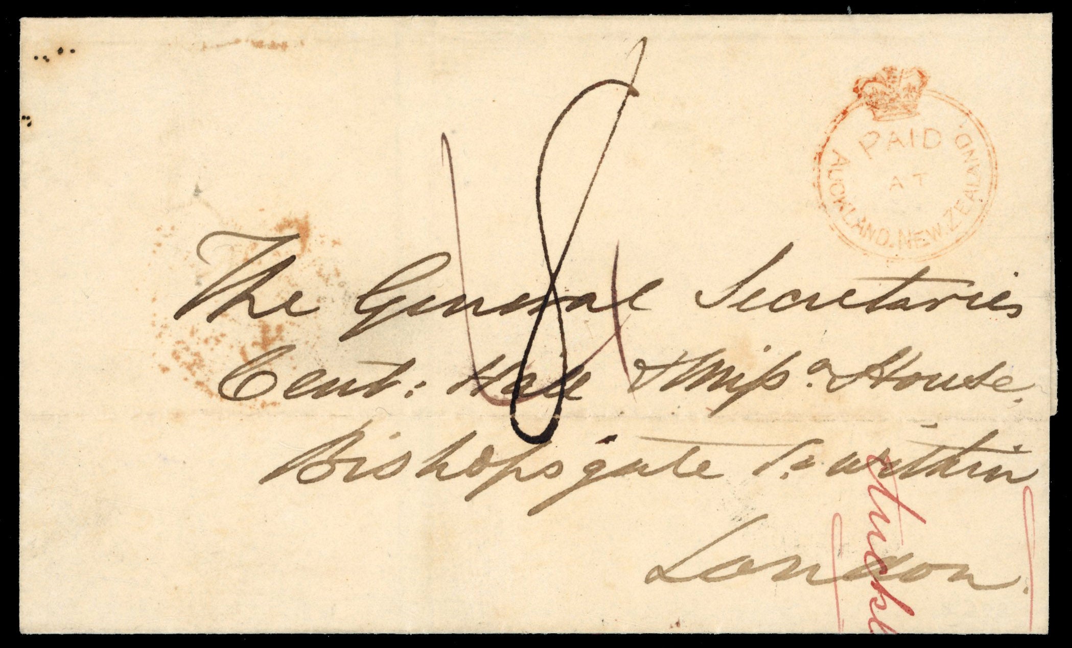 New Zealand SG CC1 1850 cover from Auckland to London with crowned-circle