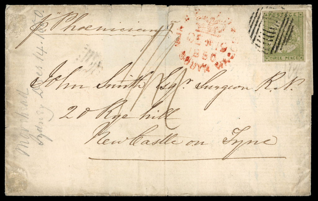New South Wales SG 42 1850 wrapper to England with 1850-51 Sydney View 3d yellow-green