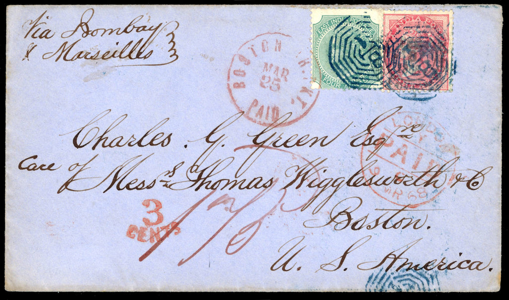 India SG 65, 69 1868 cover to Boston with 1865 8a carmine and 1866 4a green