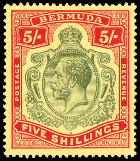 Bermuda SG 53df Mint 1918-22 5s green and carmine-red on pale yellow variety Damaged leaf at lower right