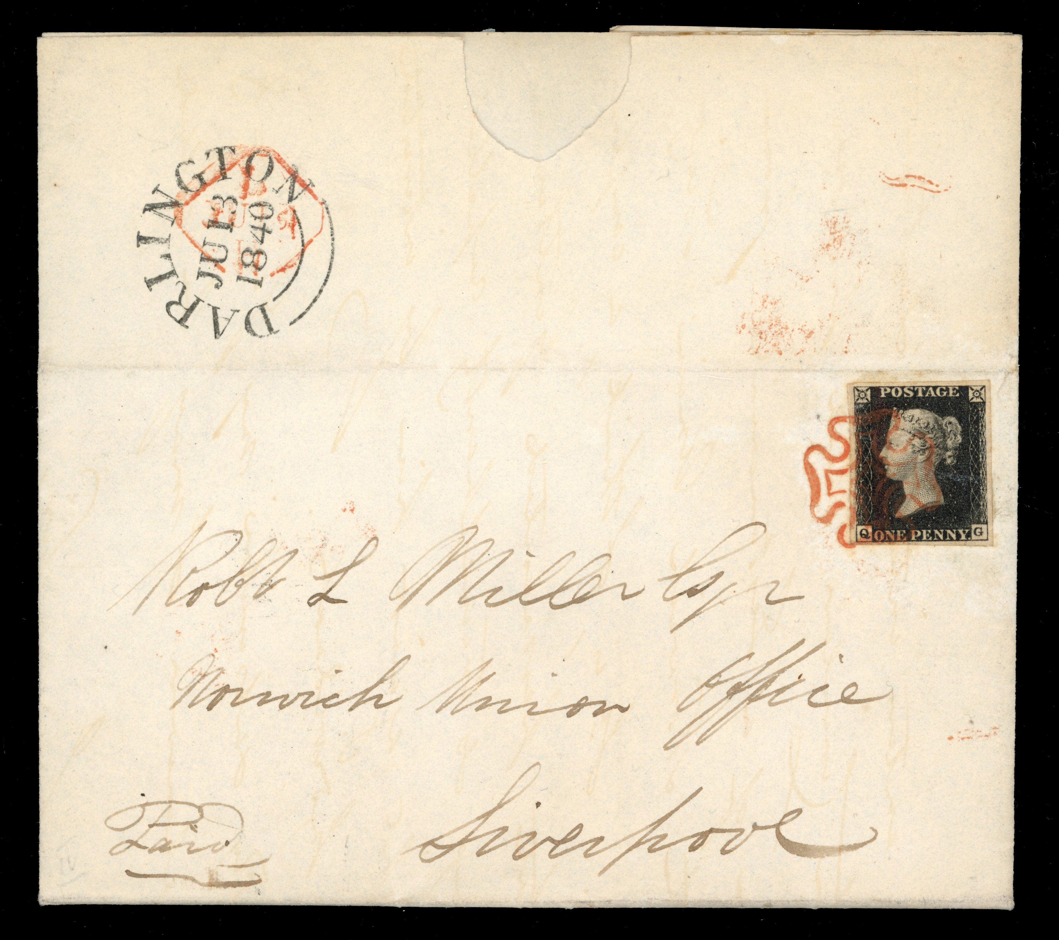 Great Britain SG 2 plate 4 1840 entire from Darlington to Liverpool with 1d black lettered QG