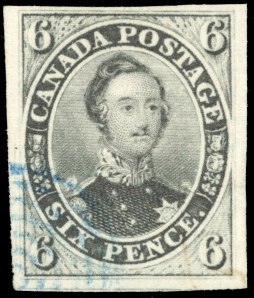 Canada SG 10 Used 1852-57 6d greenish grey on medium handmade paper with blue cancel