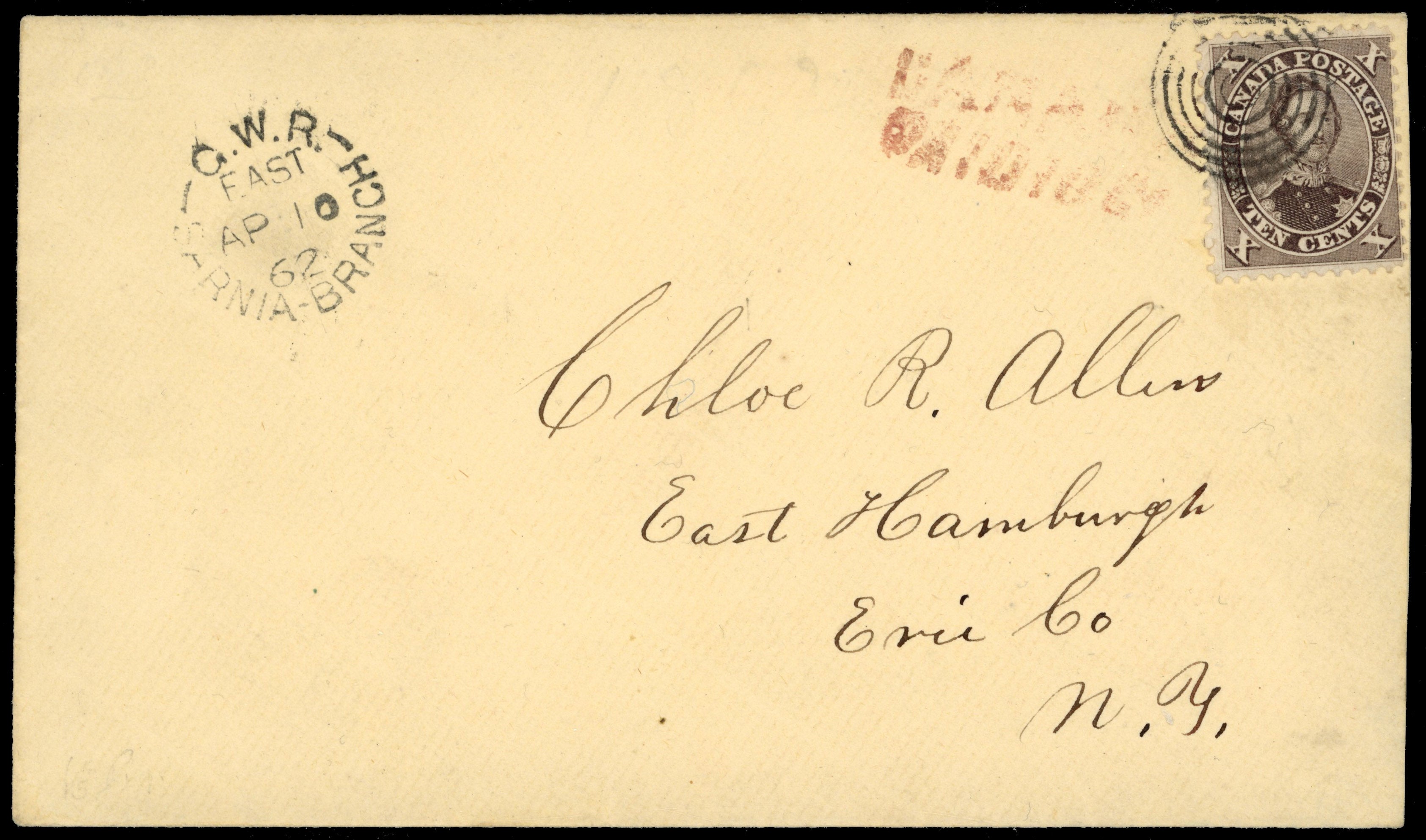 Canada SG 36 1862 cover to New York with 1859 10c brown