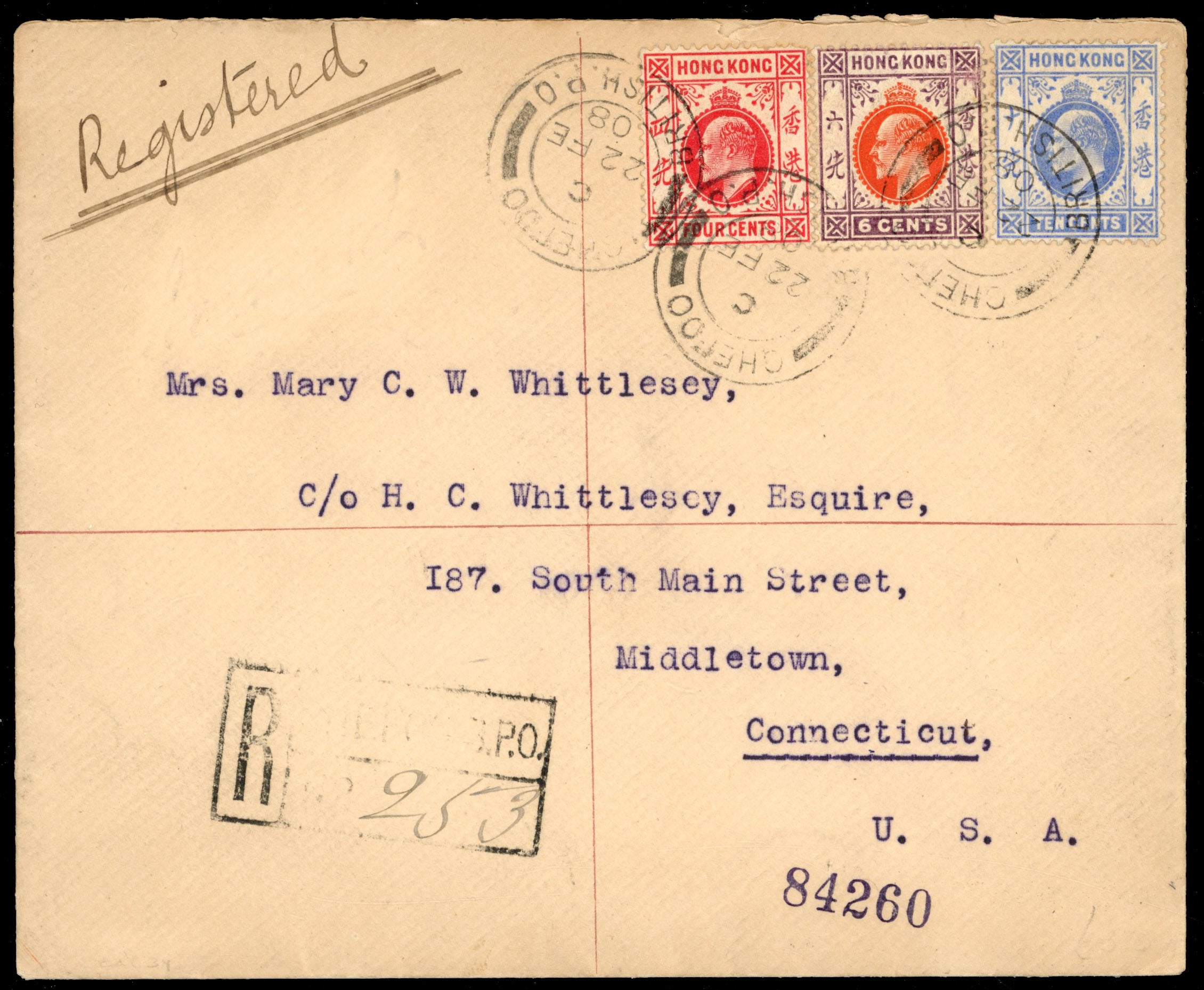 Hong Kong Post Offices in China SG Z289/Z291 1908 registered cover from Chefoo to USA