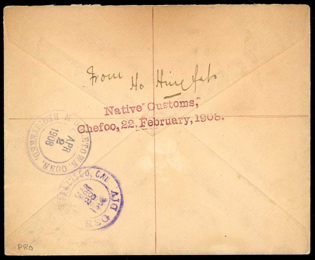 Hong Kong Post Offices in China SG Z289/Z291 1908 registered cover from Chefoo to USA