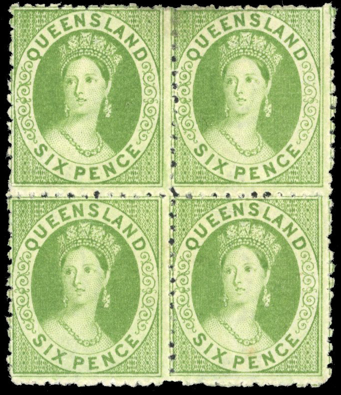 Queensland SG 106 Mint 1868-78 6d yellow-green perf 12 block of 4