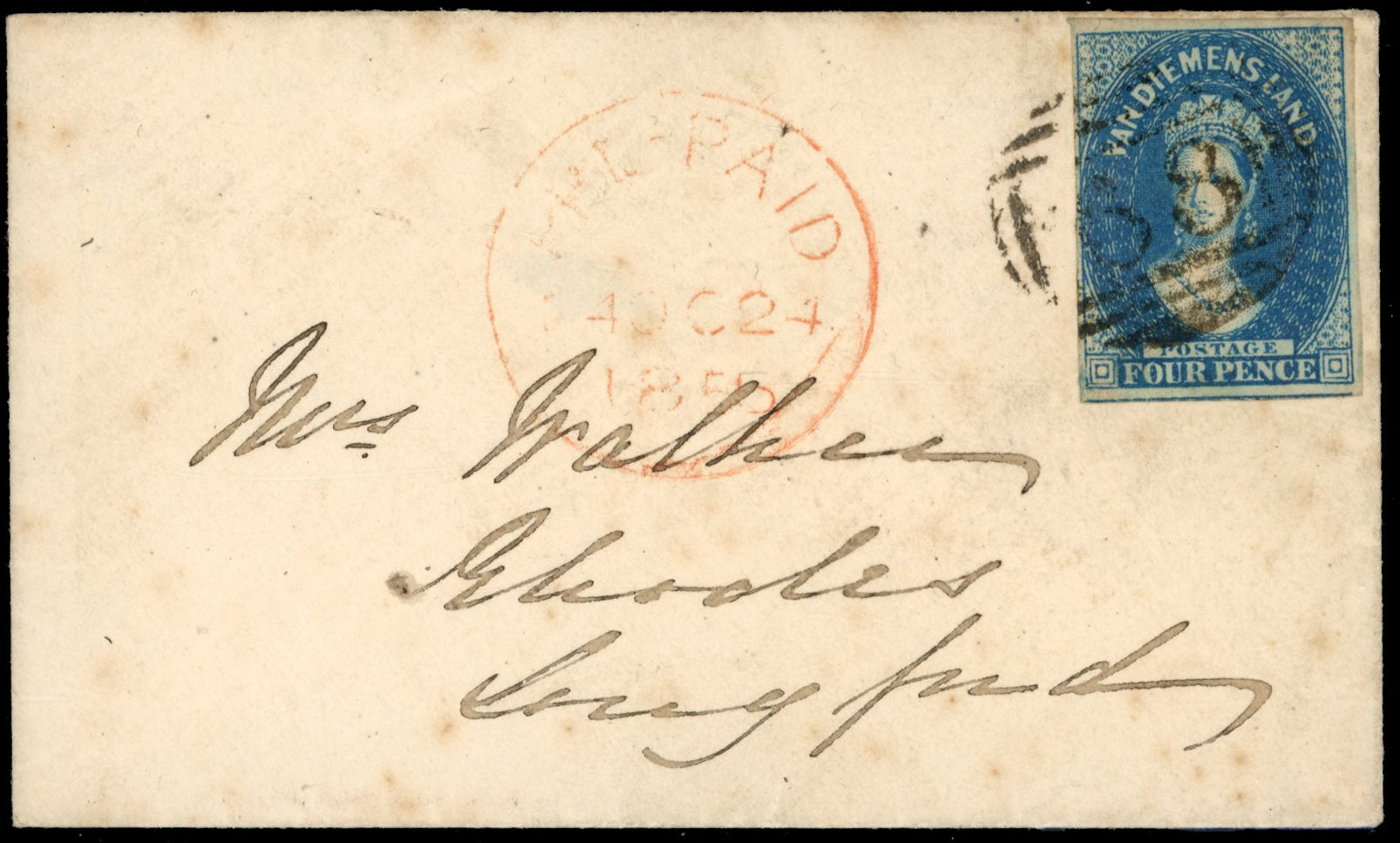 Tasmania SG 17 1856 local cover franked by 1855 4d deep blue