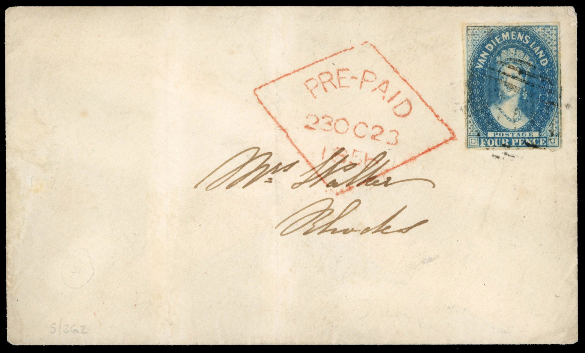 Tasmania SG 18 1856 local cover franked by 1855 4d blue