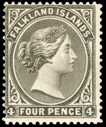 Falkland Islands SG 10w Mint 1885-91 4d grey-black sideways watermark variety Crown to right of CA