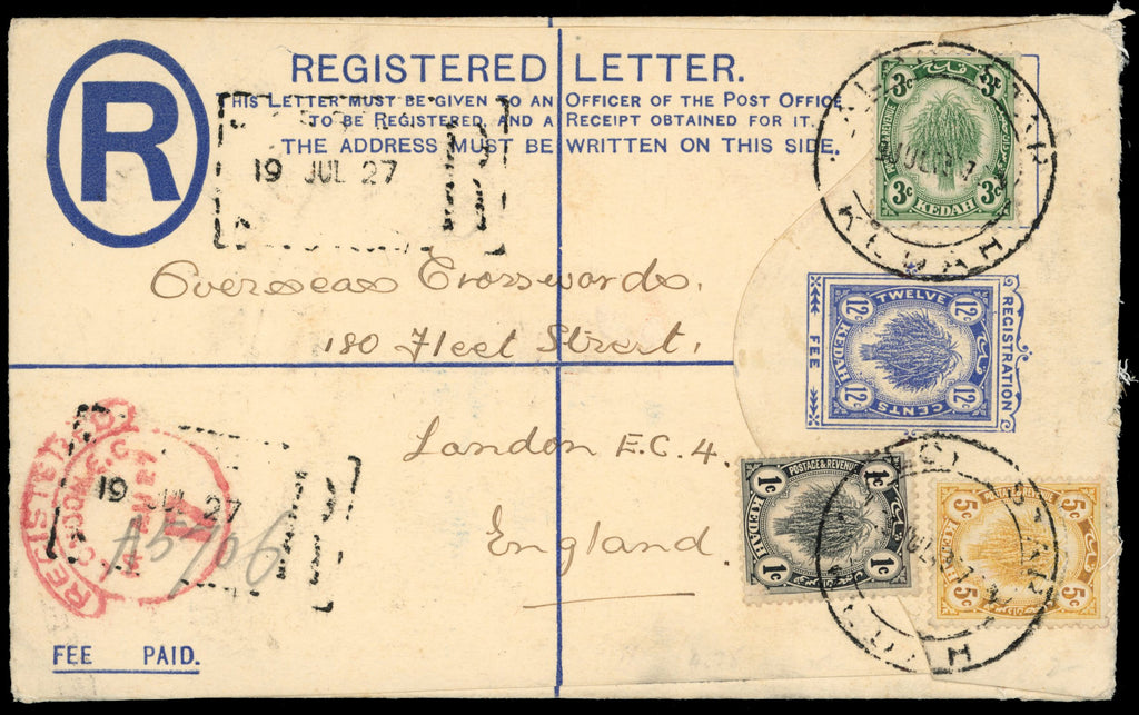 Malaya Kedah SG 52, 53, 55 Cover 1927 12c blue registered postal stationery envelope used to London