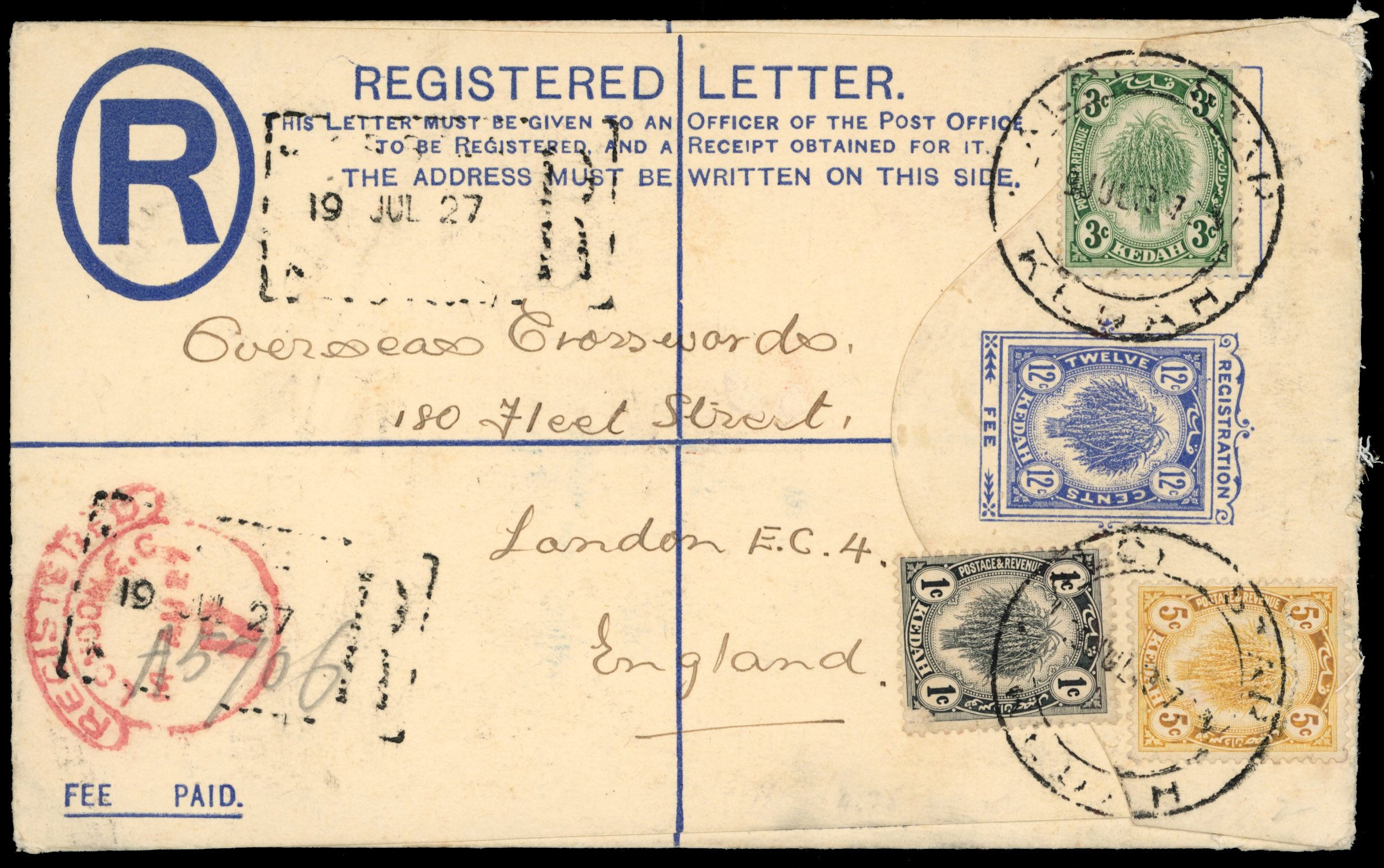 Malaya Kedah SG 52, 53, 55 Cover 1927 12c blue registered postal stationery envelope used to London