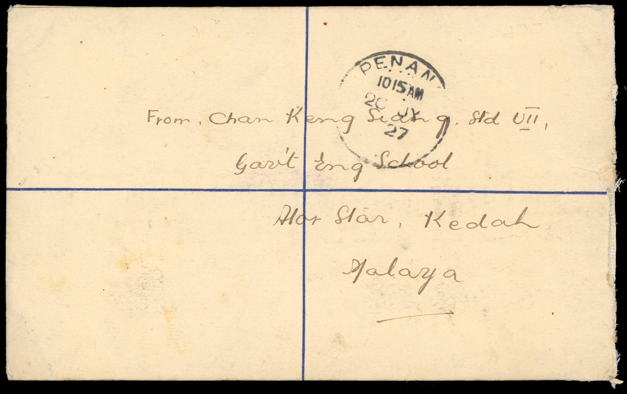 Malaya Kedah SG 52, 53, 55 Cover 1927 12c blue registered postal stationery envelope used to London