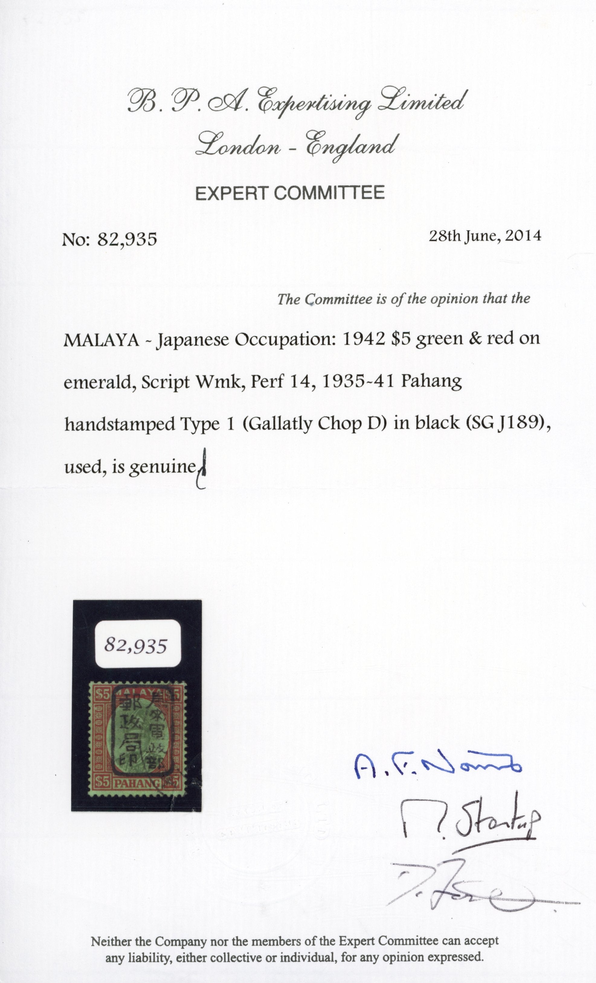 Malaya Japanese Occupation SG J189  Pahang $5 chop D in black used