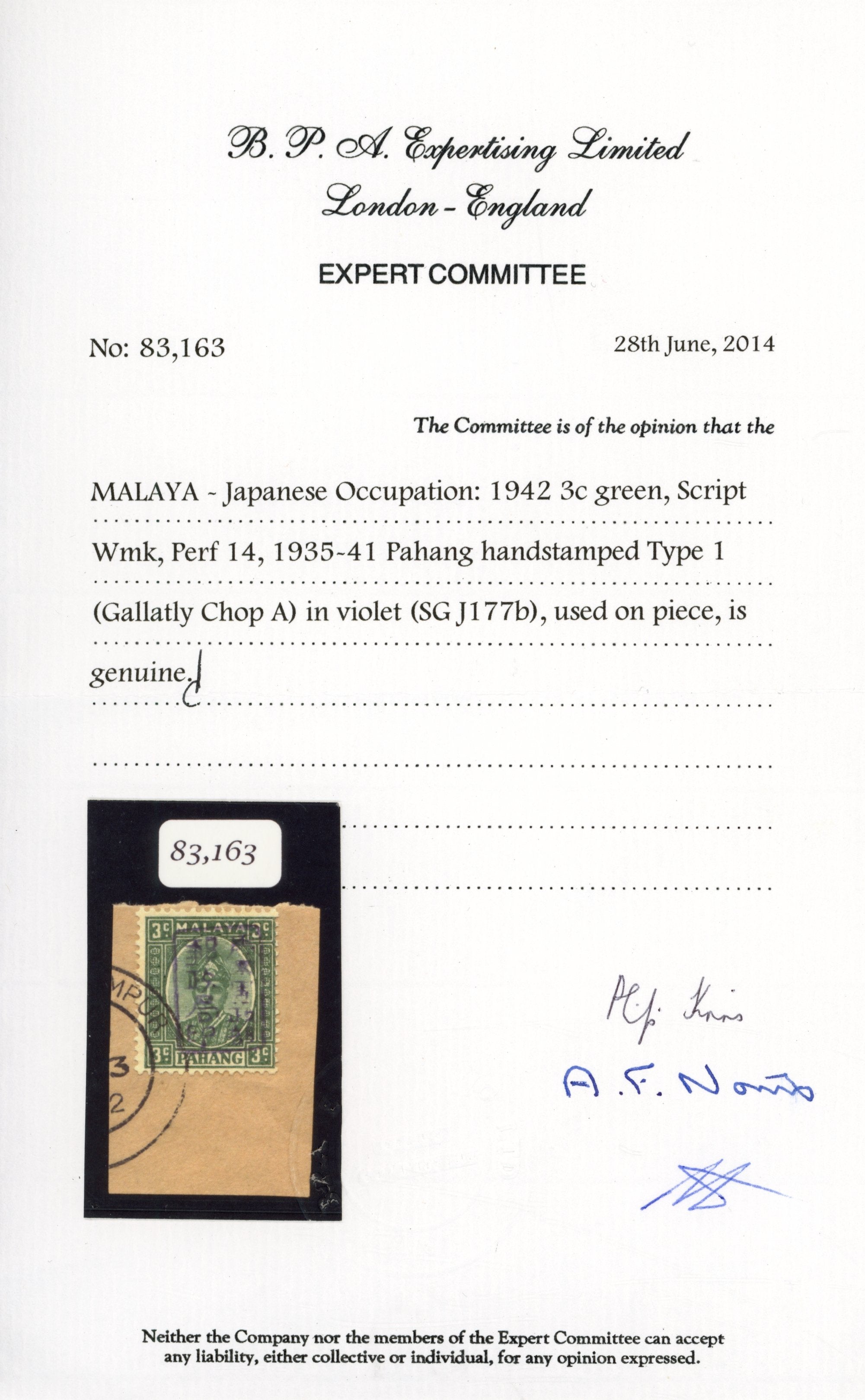 Malaya Japanese Occupation SG J177b  Pahang 3c, Chop A in violet, fine used