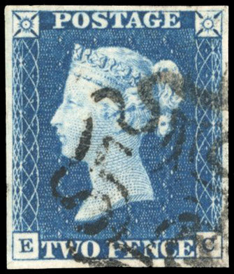 Great Britain SG 5 Used 1840 2d blue plate 1 lettered EC