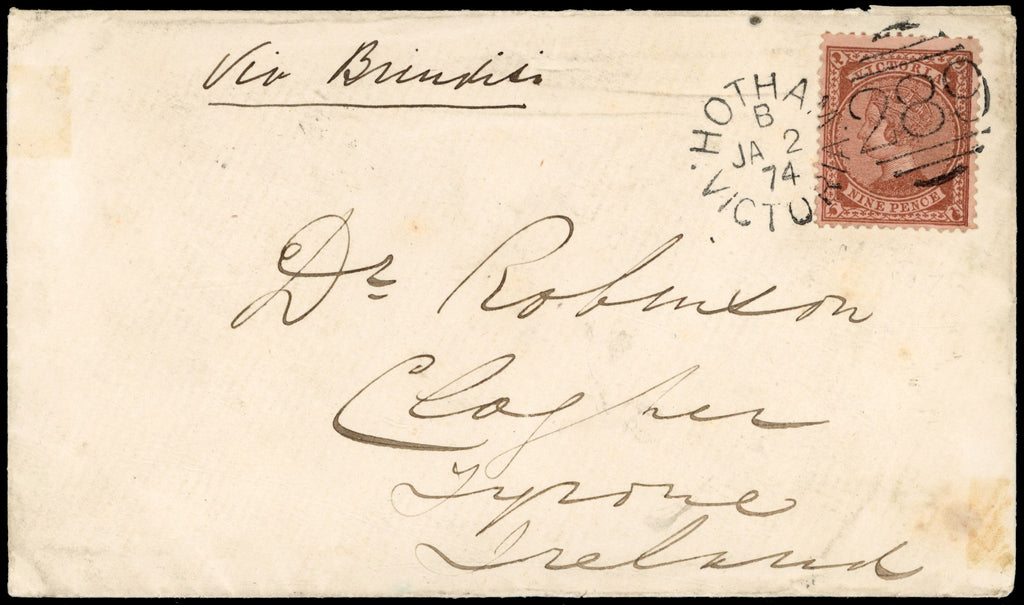 Victoria SG 172 1874 cover from Hotham to Ireland with solo 9d pale brown on pink