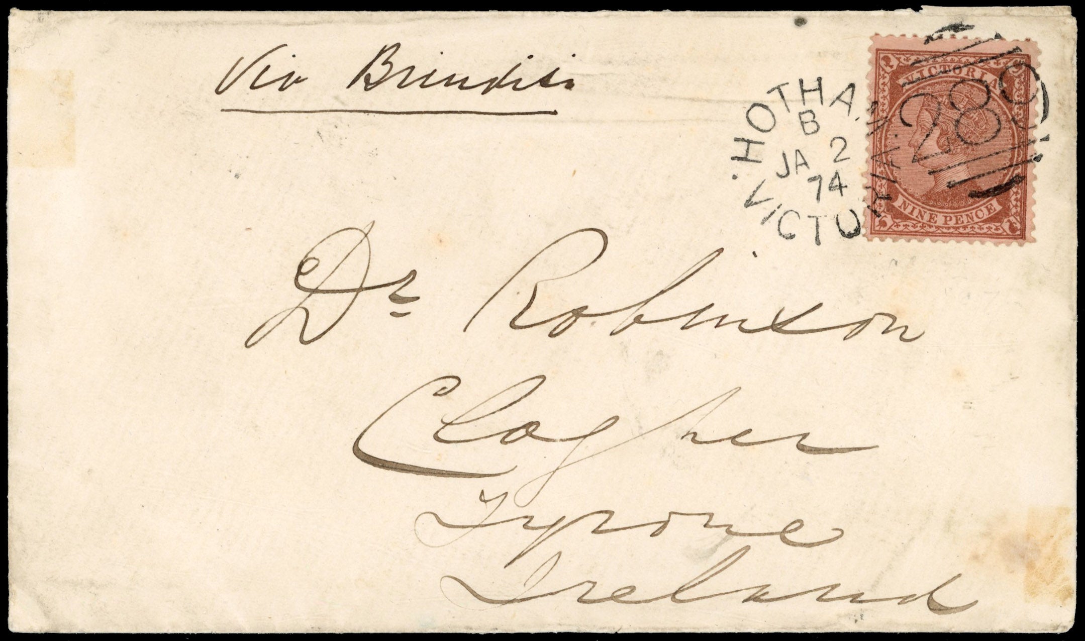Victoria SG 172 1874 cover from Hotham to Ireland with solo 9d pale brown on pink