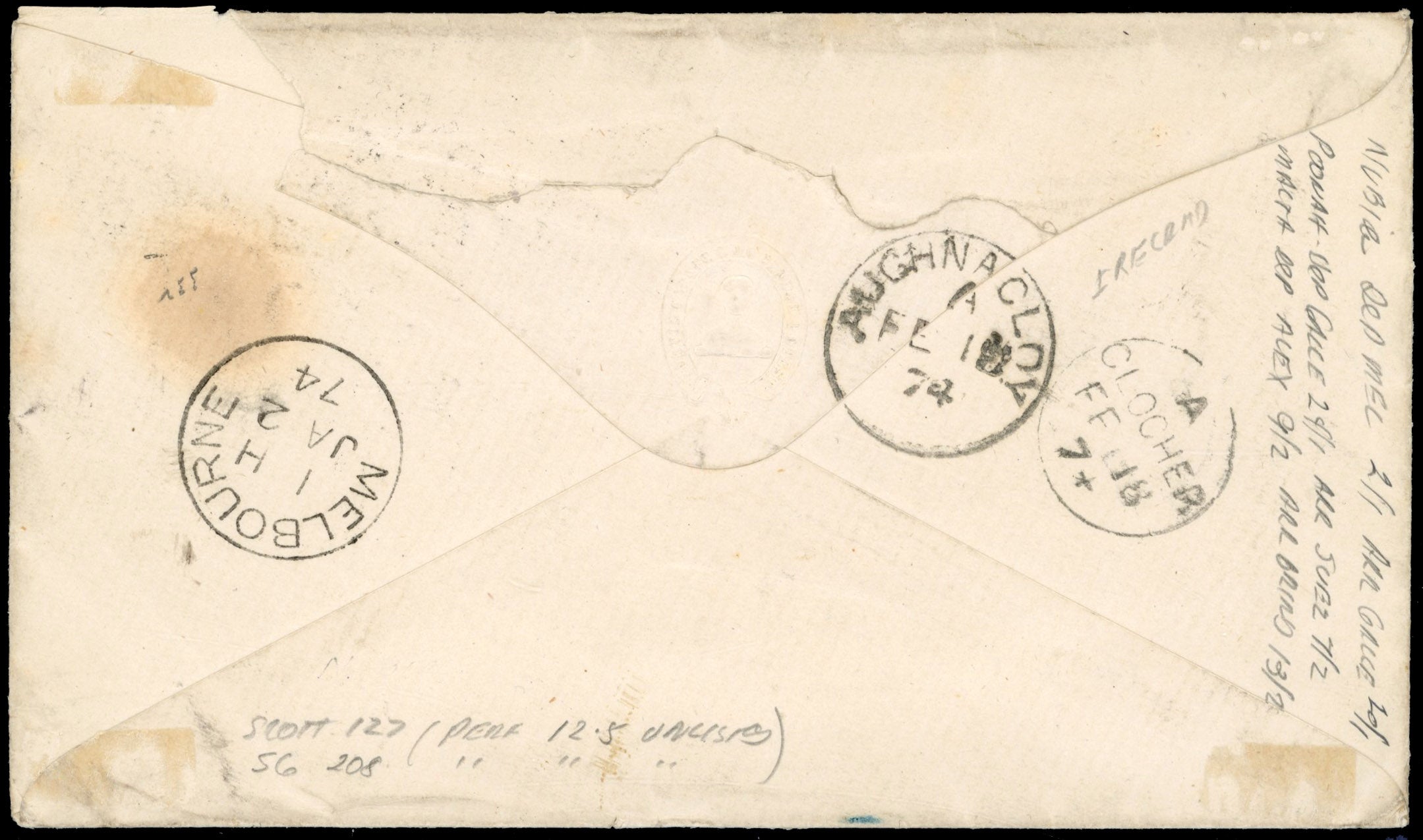 Victoria SG 172 1874 cover from Hotham to Ireland with solo 9d pale brown on pink