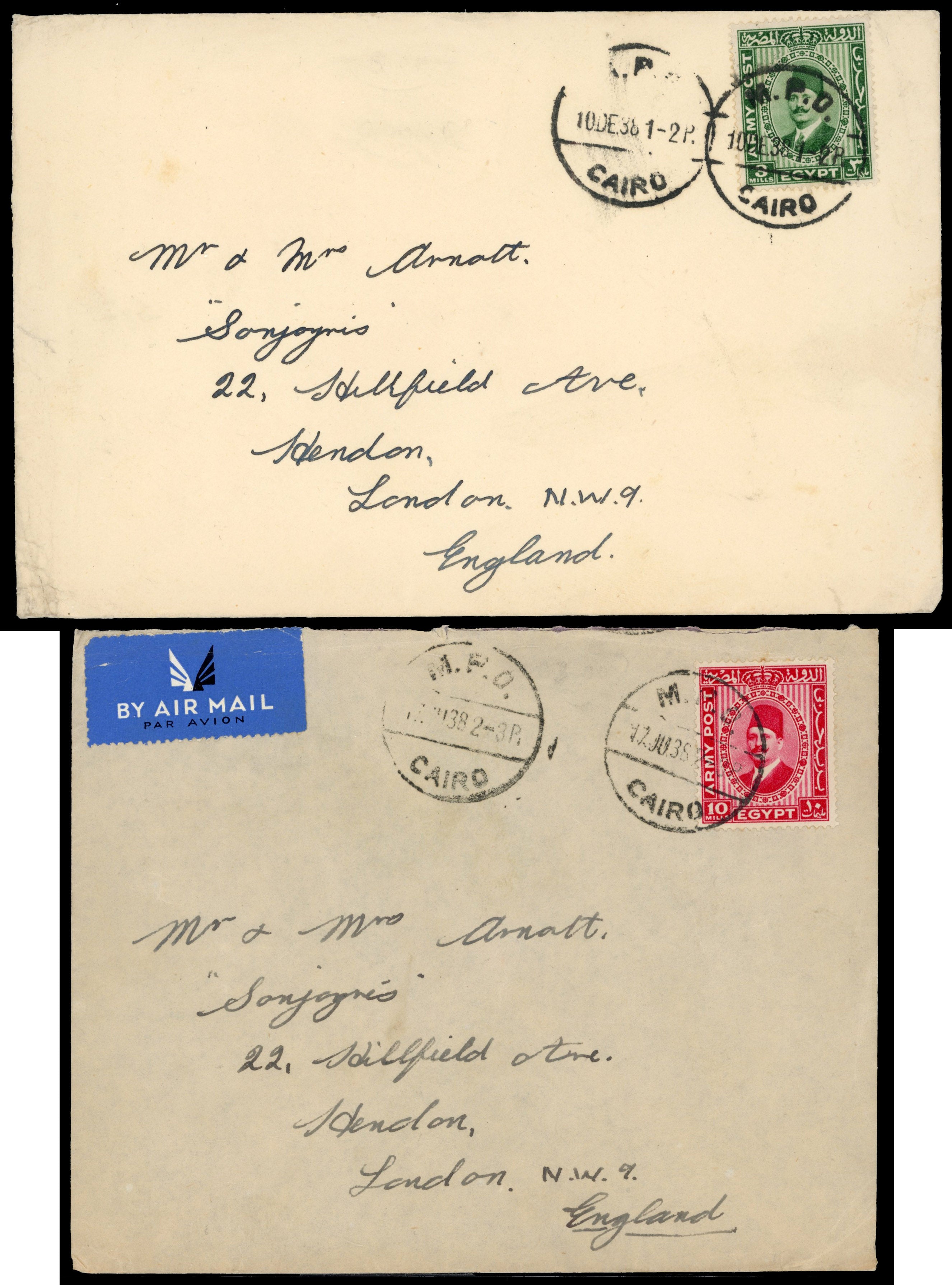 Egypt British Forces SG A12/A13 1938 pair of covers to London with King Fuad 3m and 10m