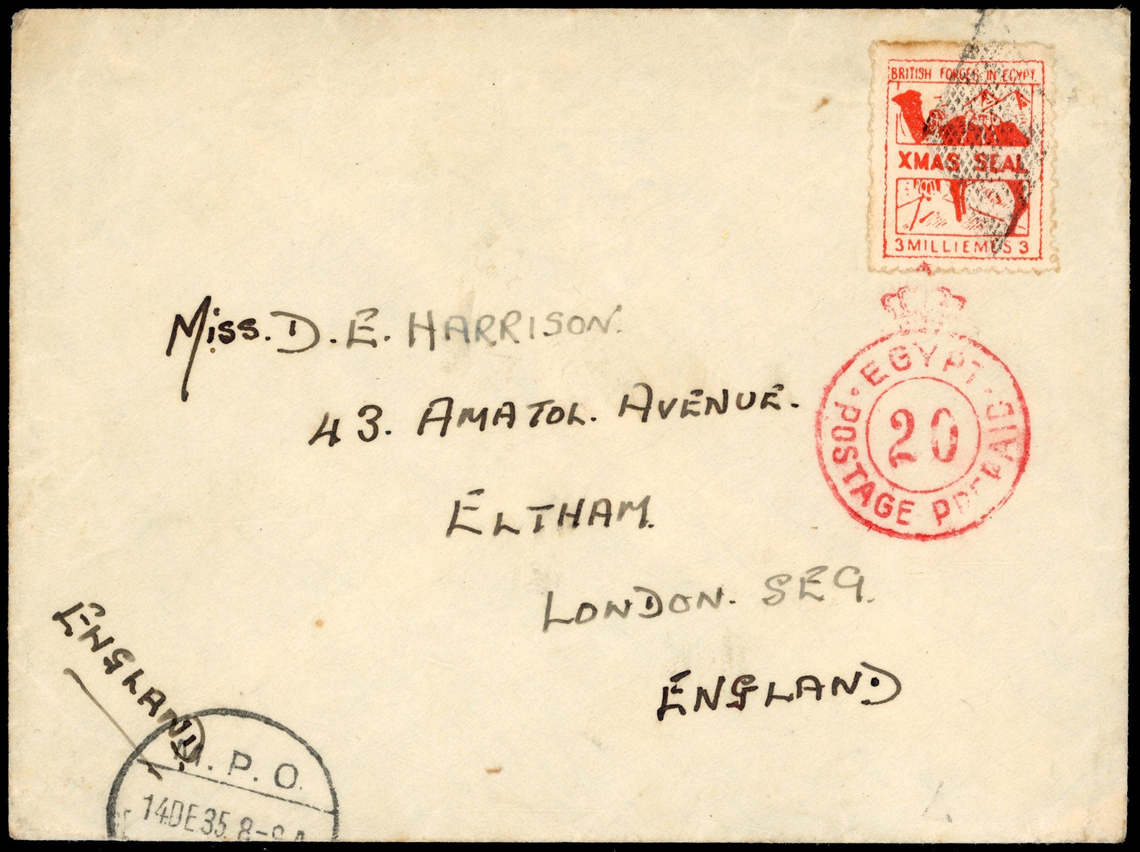 Egypt British Forces SG A5 1935 cover to England with 3m vermilion Xmas Seal