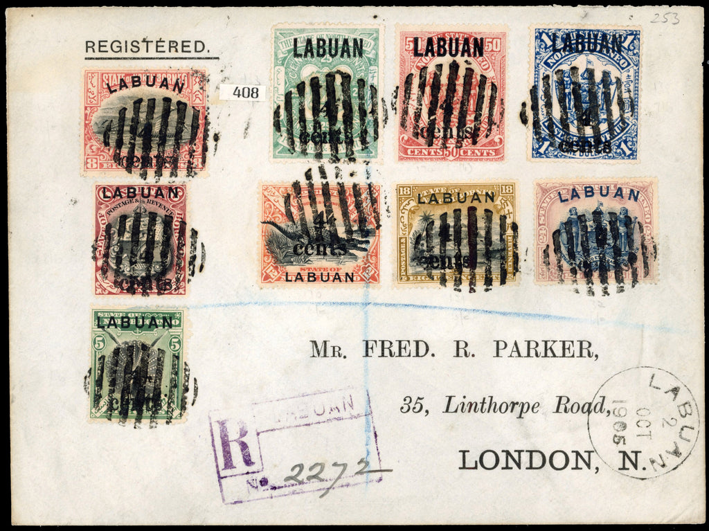 Labuan SG 129/137 1905 registered Parker cover with 1904 4 cents surcharge set