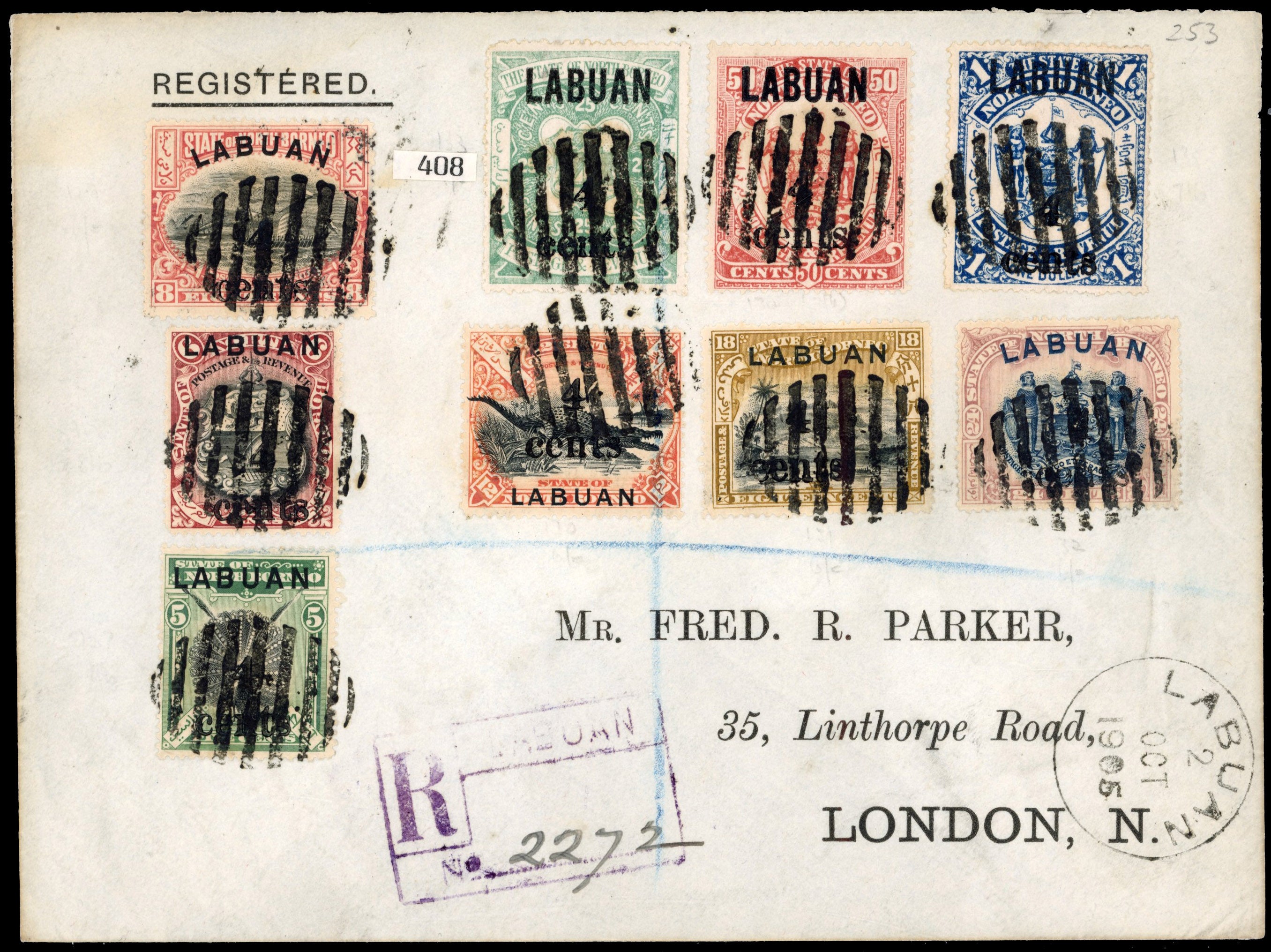 Labuan SG 129/137 1905 registered Parker cover with 1904 4 cents surcharge set