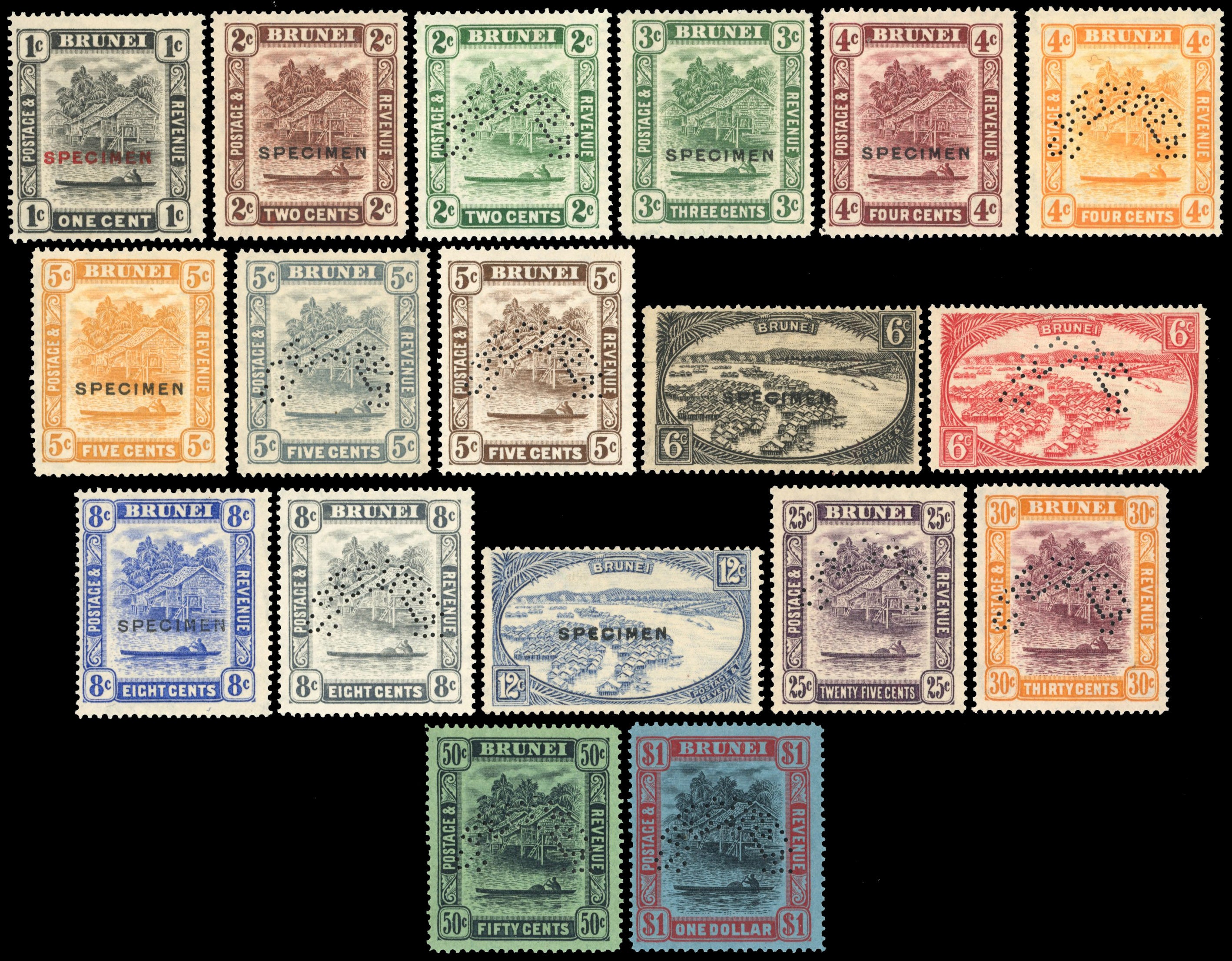 Brunei SG 60s/78s Specimen 1924-37 set of 18 to $1