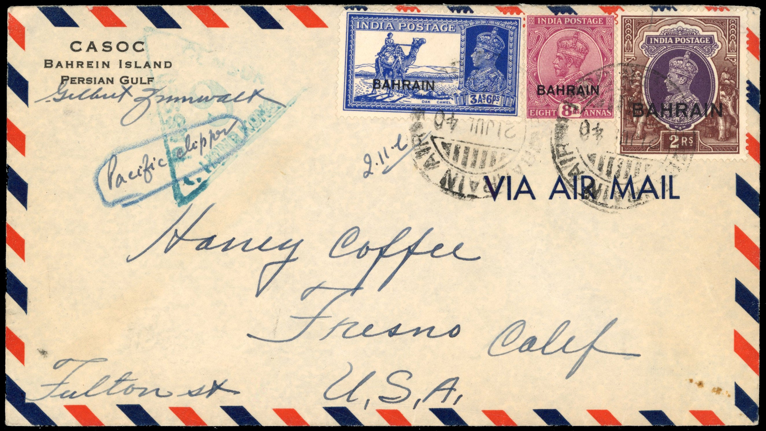 Bahrain SG 10, 27, 33 1940 censored airmail Pacific Clipper cover to California