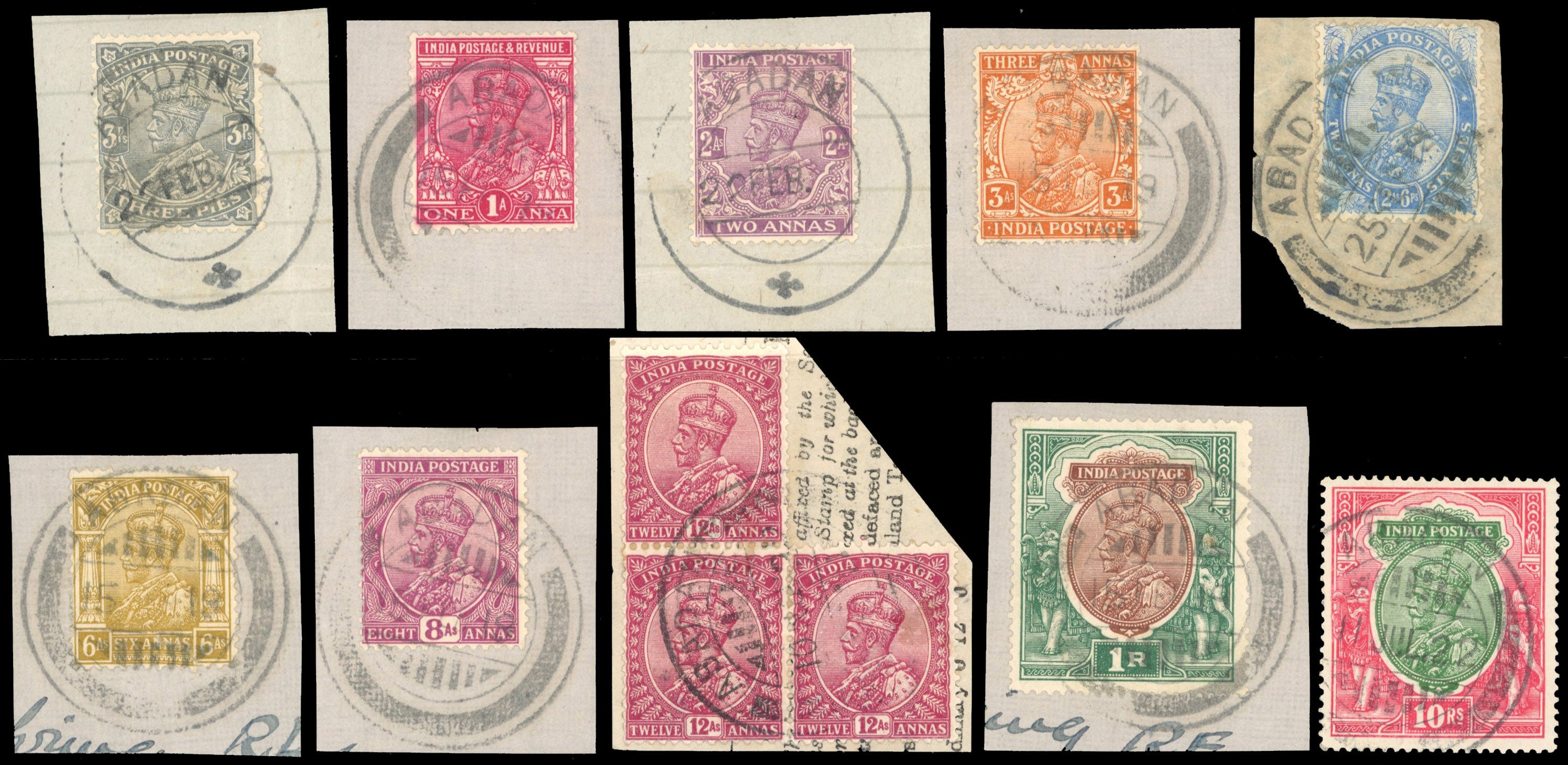 India Used Abroad SG Z6/Z17, Z20 Cancel 1911-22 values to 10r used at Abadan