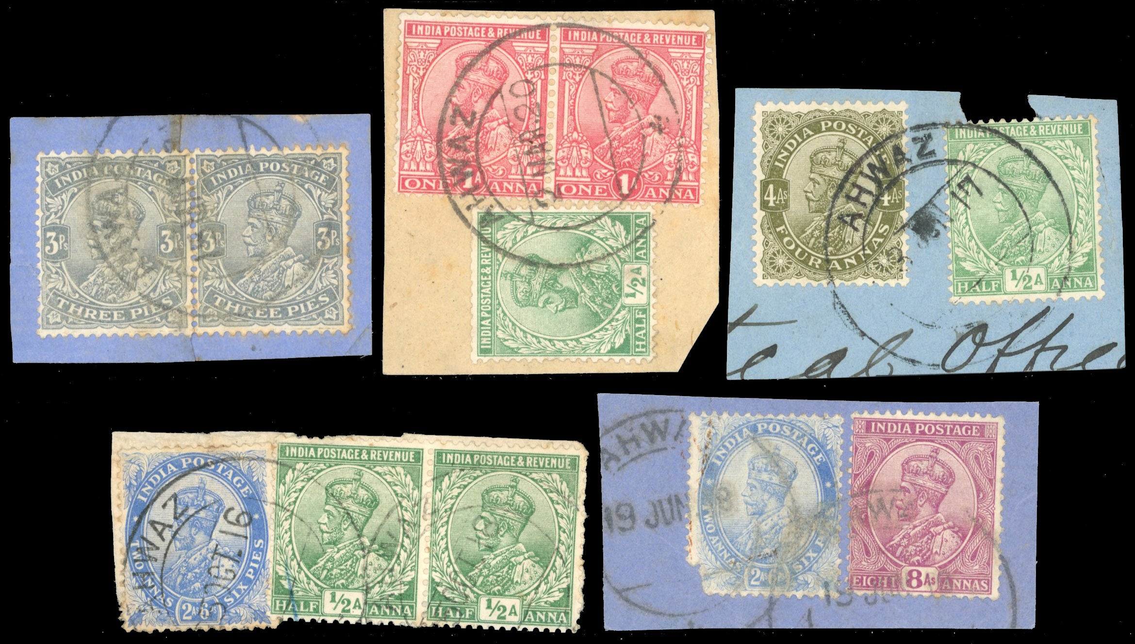 India Used Abroad SG Z21/Z30 btwn Cancel 1911-22 values to 8a used at Ahwaz