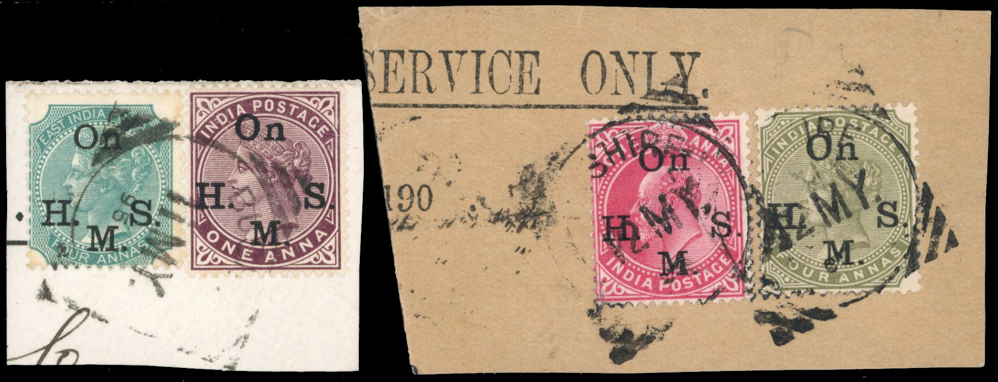 India Used Abroad SG Z199/Z213 btwn Cancel 1874-82 4a and 1883-99 1a, 4a officials used in Bushire