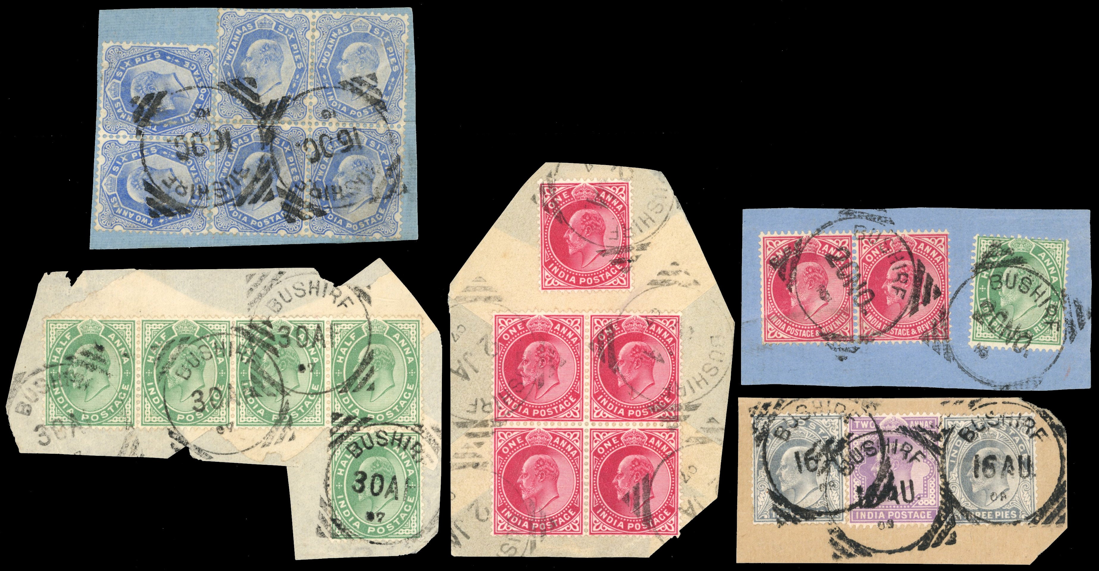 India Used Abroad SG Z155/Z173 btwn Cancel 1902-11 3p, ½a, 1a, 2a, 2a6p used in Bushire