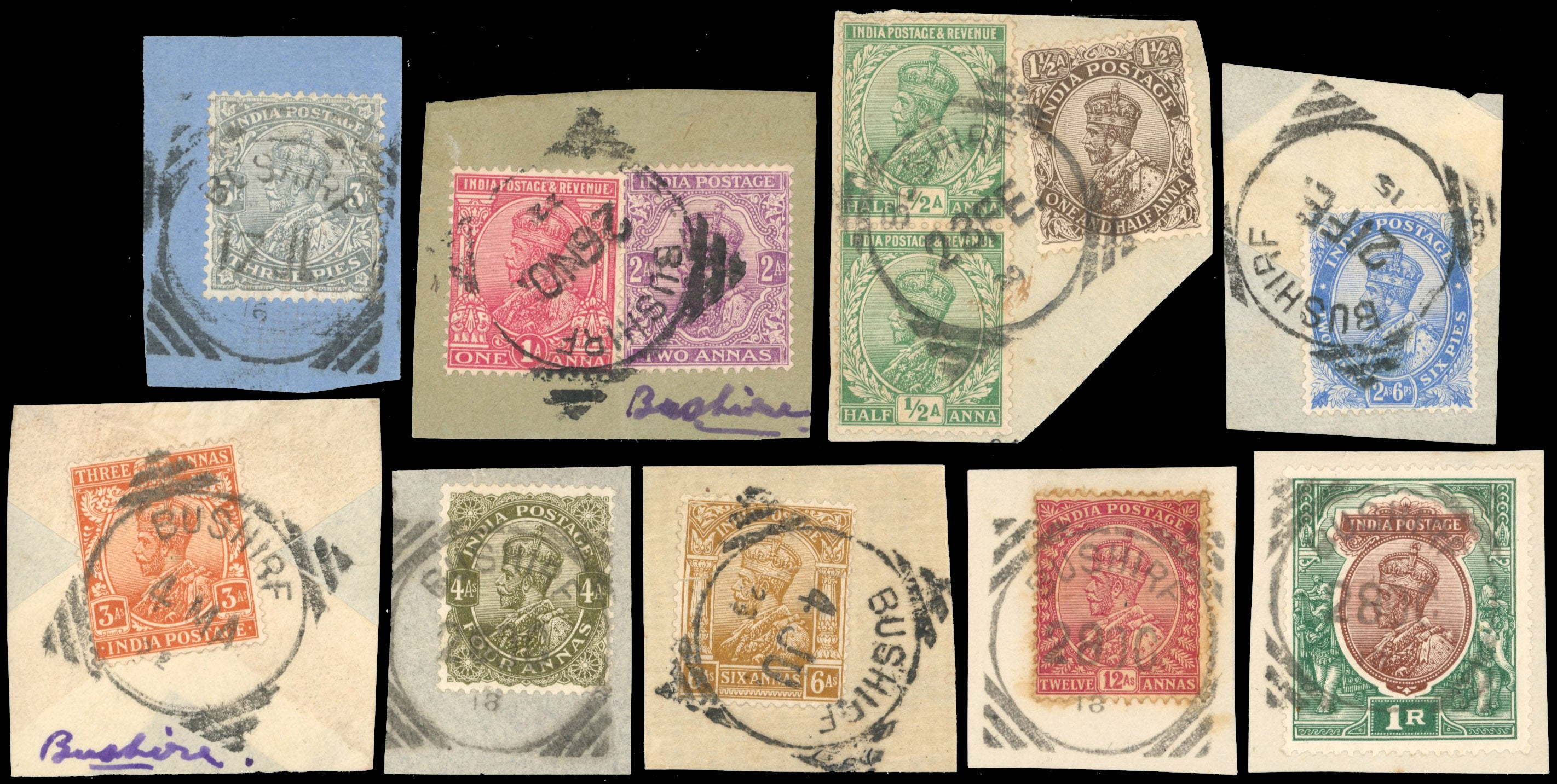 India Used Abroad SG Z174/Z187 btwn Cancel 1911-23 vals to 1r used in Bushire