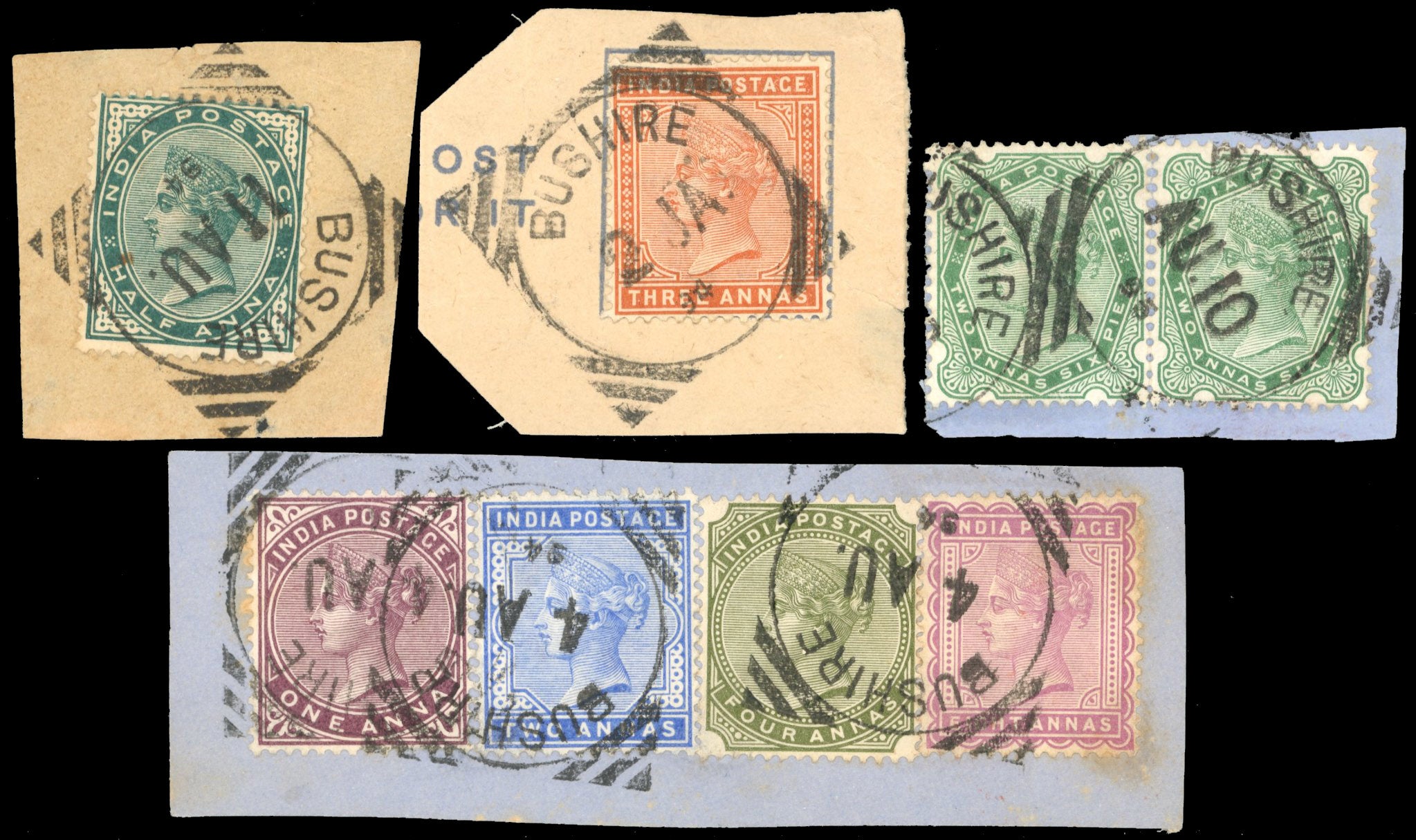 India Used Abroad SG Z133/41, Z145 Cancel 1882-90 vals to 8a used in Bushire