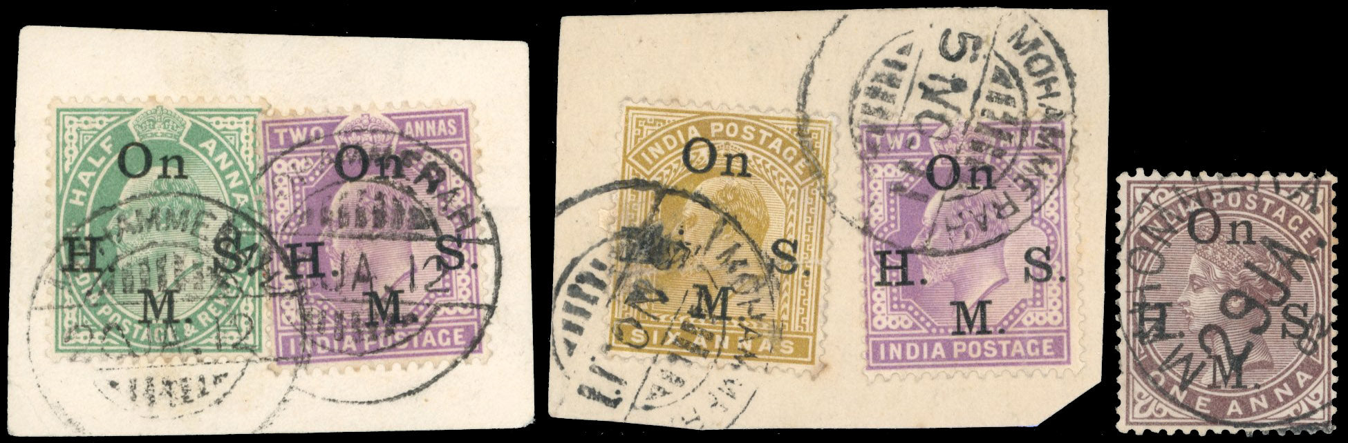 India Used Abroad SG Z482, Z483, Z486, Z488 Cancel 1902-09 official ½a, 2a, 6a used in Mohammera