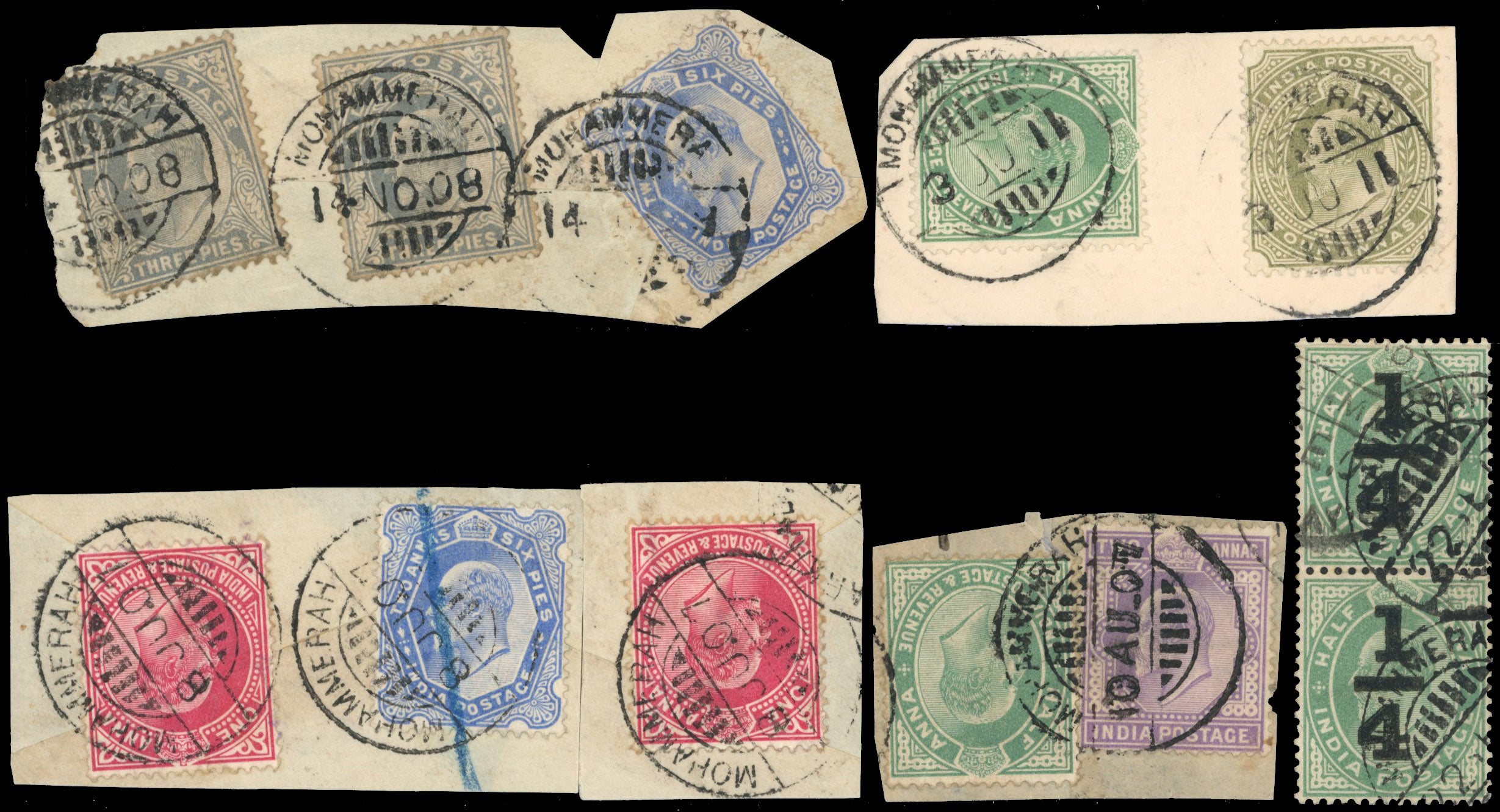 India Used Abroad SG Z449/55 btwn, Z459 Cancel 1902-011 vals to 4a and 1905 ¼ on ½a used in Mohammerah