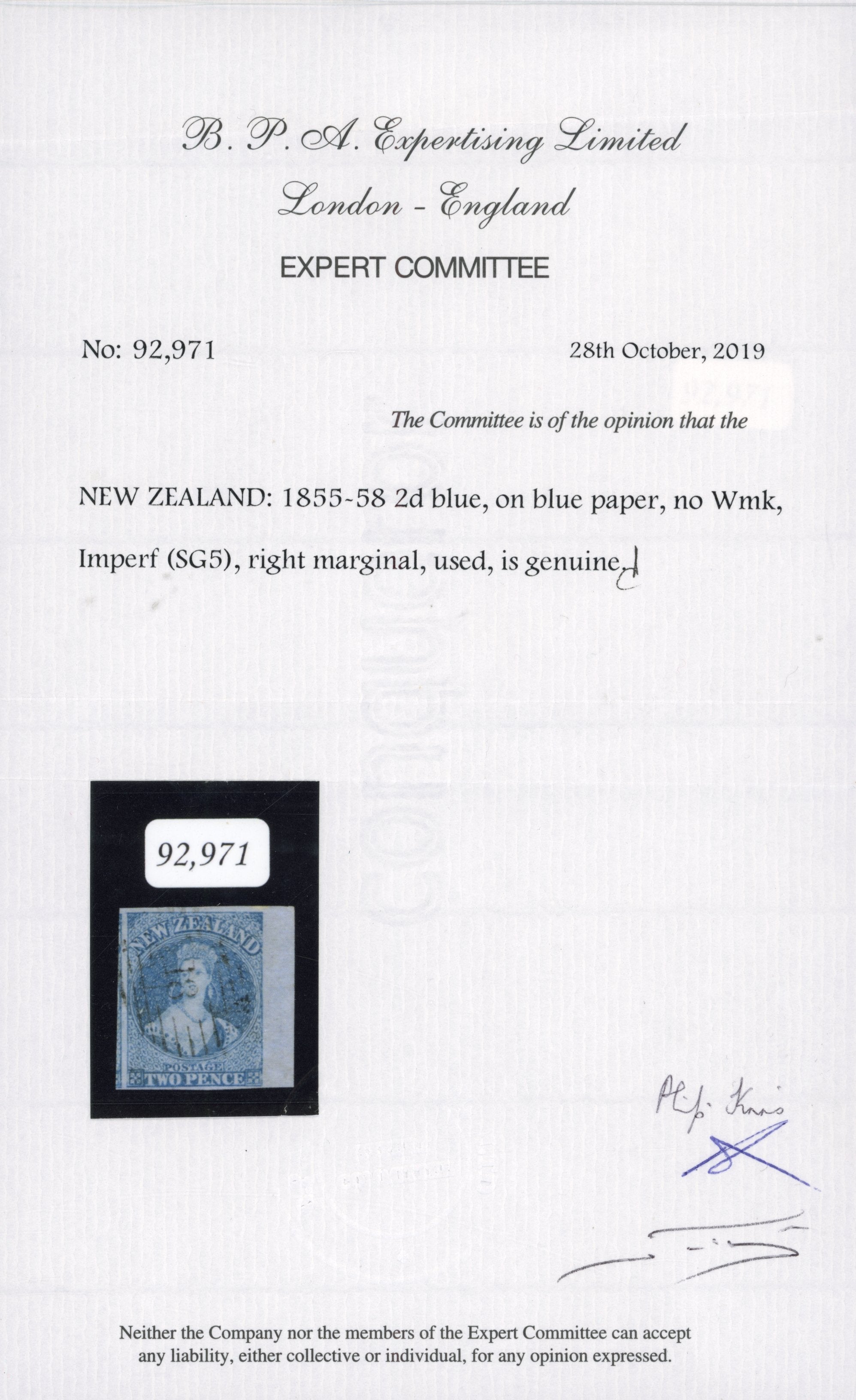 New Zealand SG 5 Used 1855-58 2d blue on blue paper
