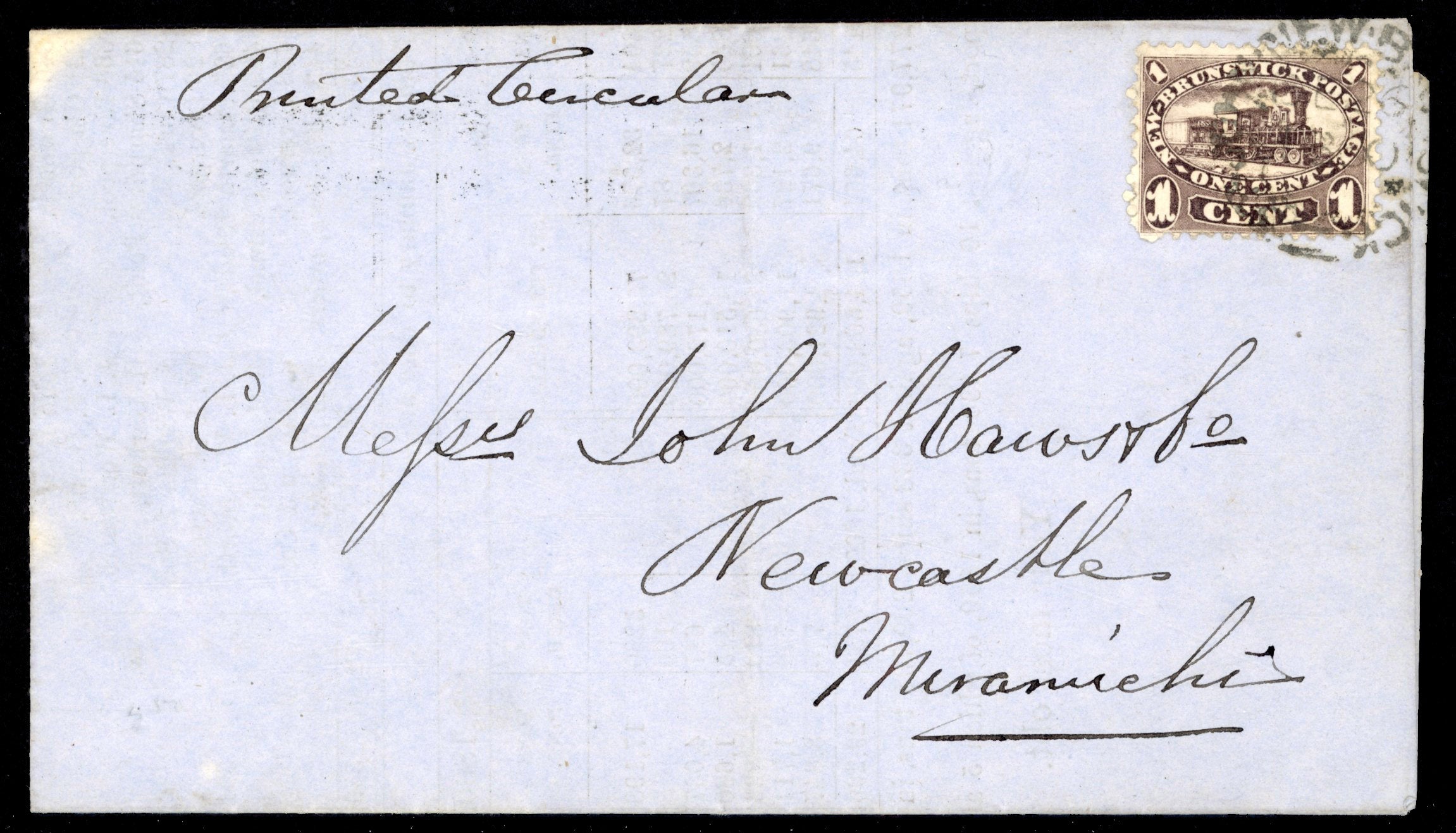 New Brunswick SG 7 Cover 1860 prices current from St John to Newcastle with 1860-63 1c Locomotive