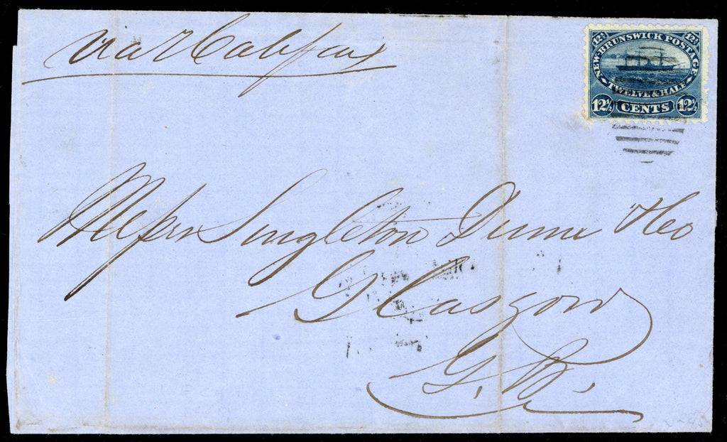 New Brunswick SG 18 Cover 1866 wrapper from St Stephen to Glasgow with 12½c Paddle-steamer
