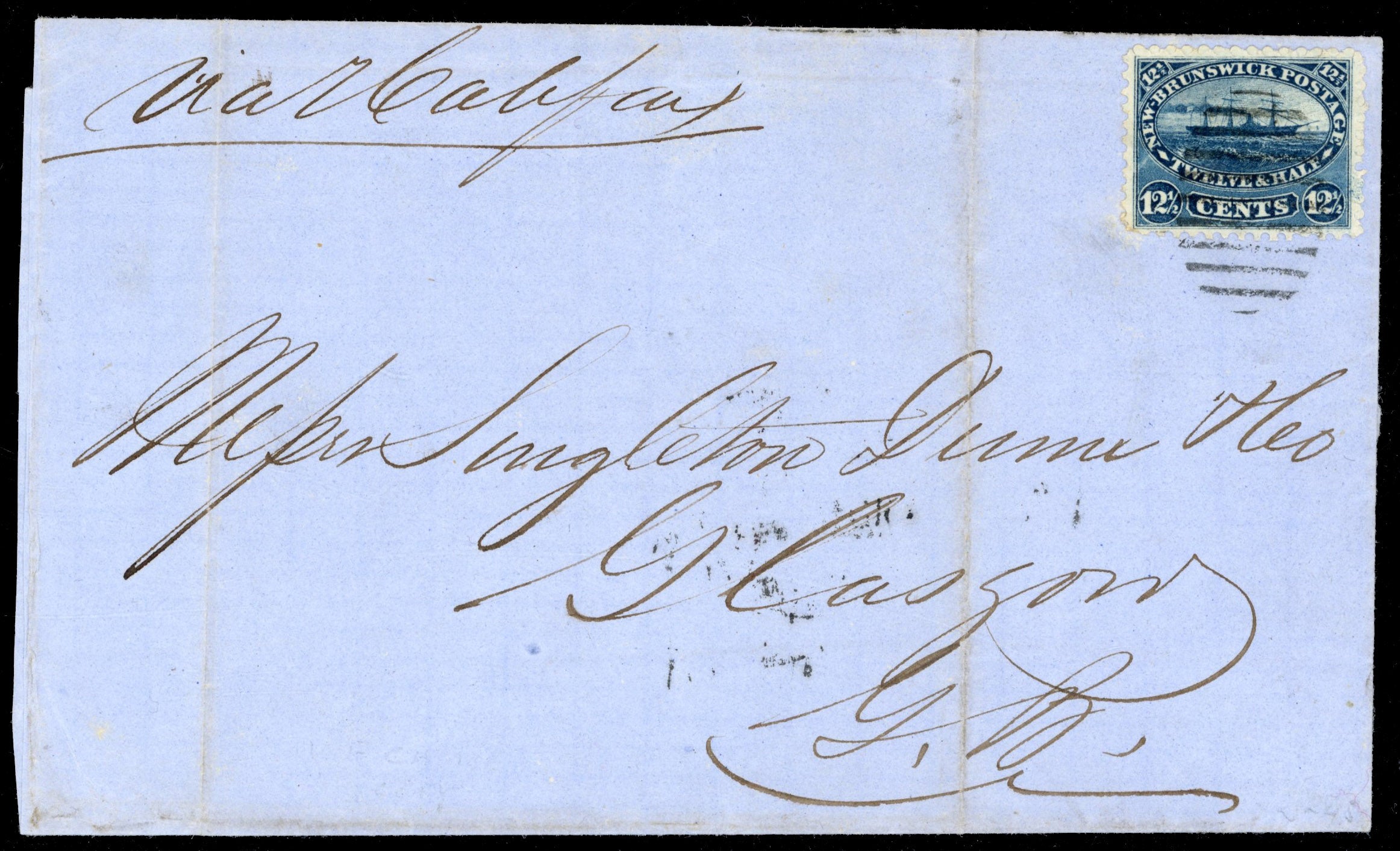 New Brunswick SG 18 Cover 1866 wrapper from St Stephen to Glasgow with 12½c Paddle-steamer