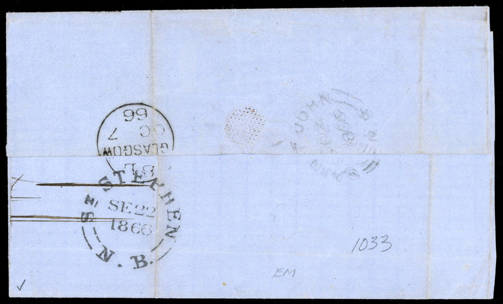 New Brunswick SG 18 Cover 1866 wrapper from St Stephen to Glasgow with 12½c Paddle-steamer