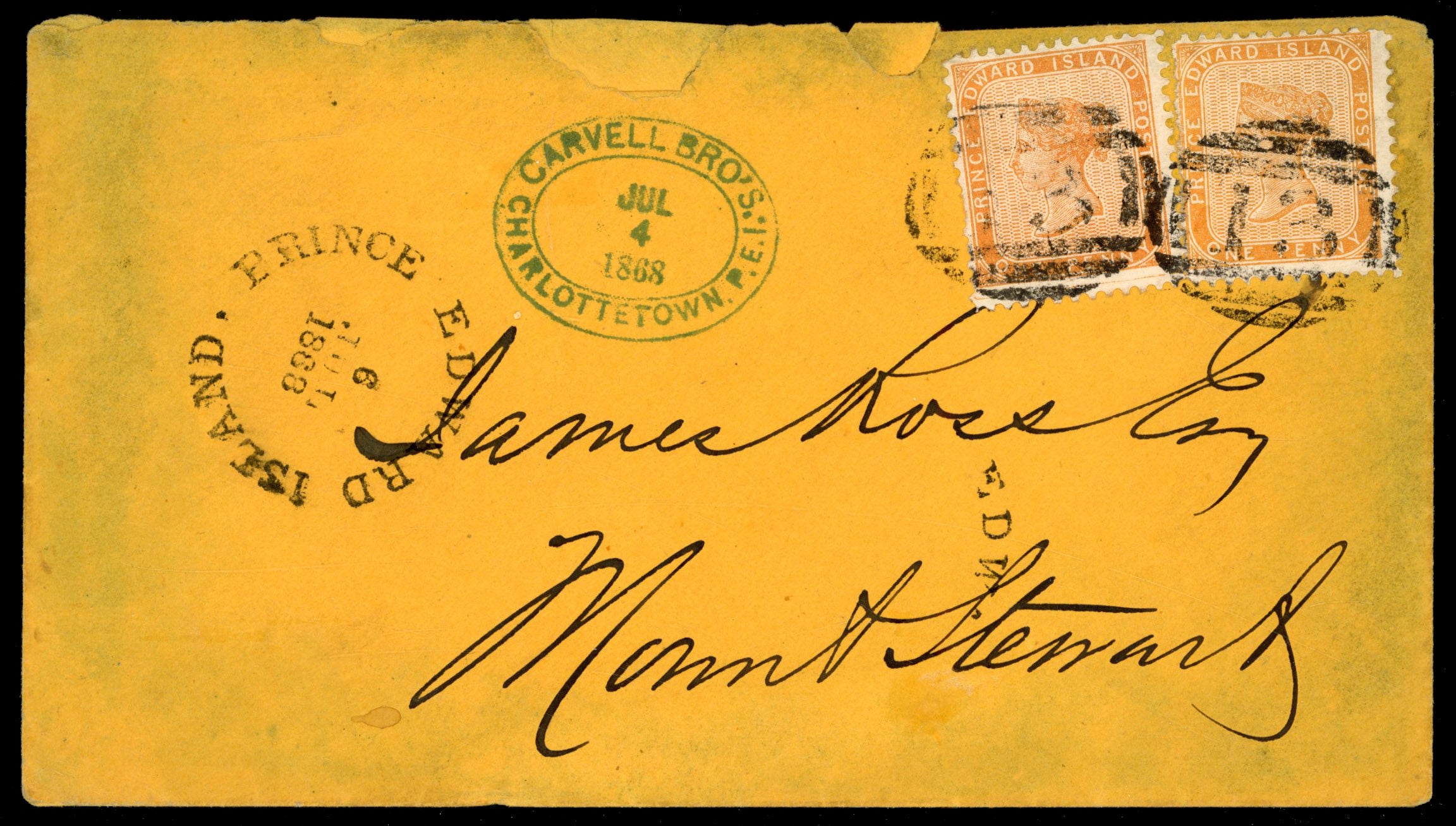 Prince Edward Island SG 9 1868 cover from Charlottetown to Mount Stewart