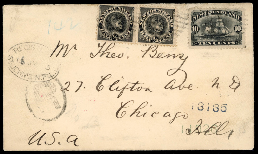 Newfoundland SG 54, 59 1895 registered cover from St John's to Chicago with 1887 10c ship and 1894 ½c dog pair