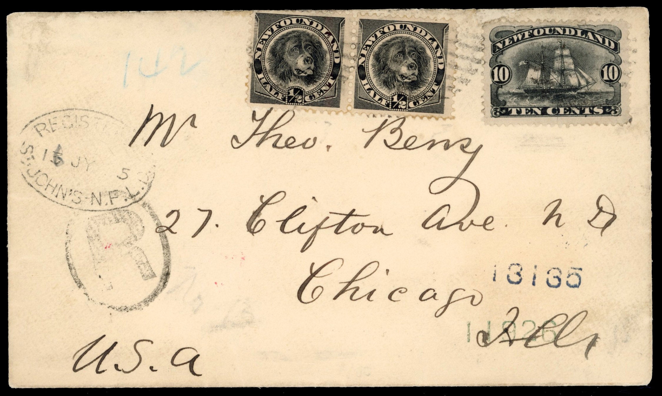 Newfoundland SG 54, 59 1895 registered cover from St John's to Chicago with 1887 10c ship and 1894 ½c dog pair