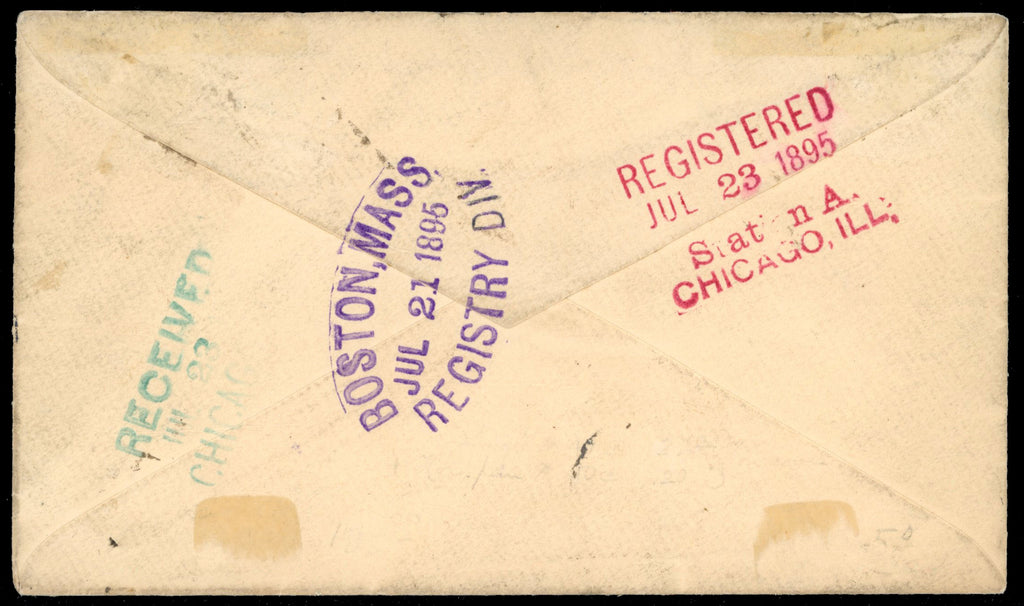 Newfoundland SG 54, 59 1895 registered cover from St John's to Chicago with 1887 10c ship and 1894 ½c dog pair