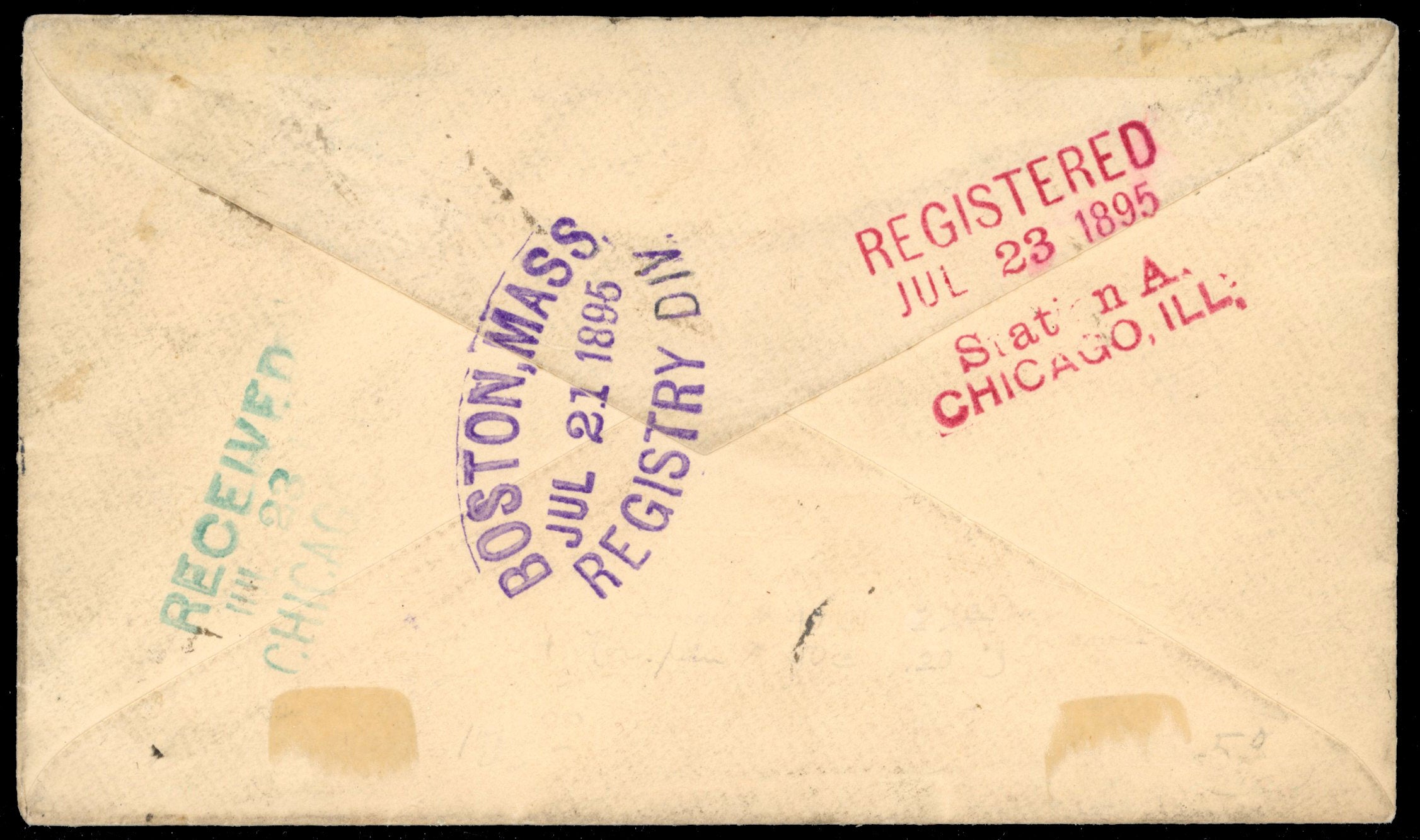 Newfoundland SG 54, 59 1895 registered cover from St John's to Chicago with 1887 10c ship and 1894 ½c dog pair