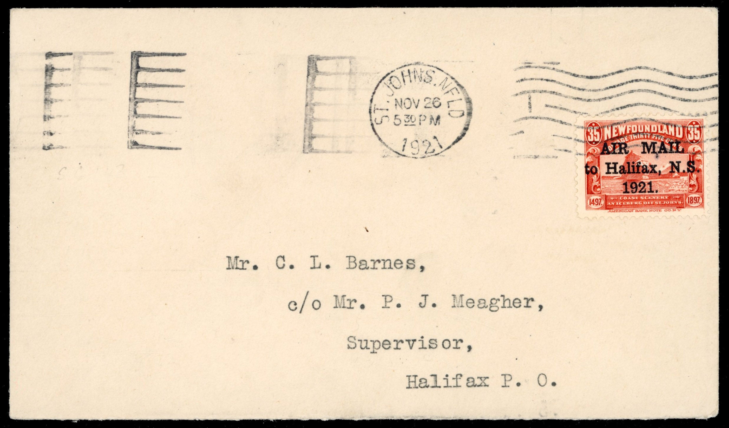Newfoundland SG 148 1921 cover from St John's to Halifax with 35c red airmail
