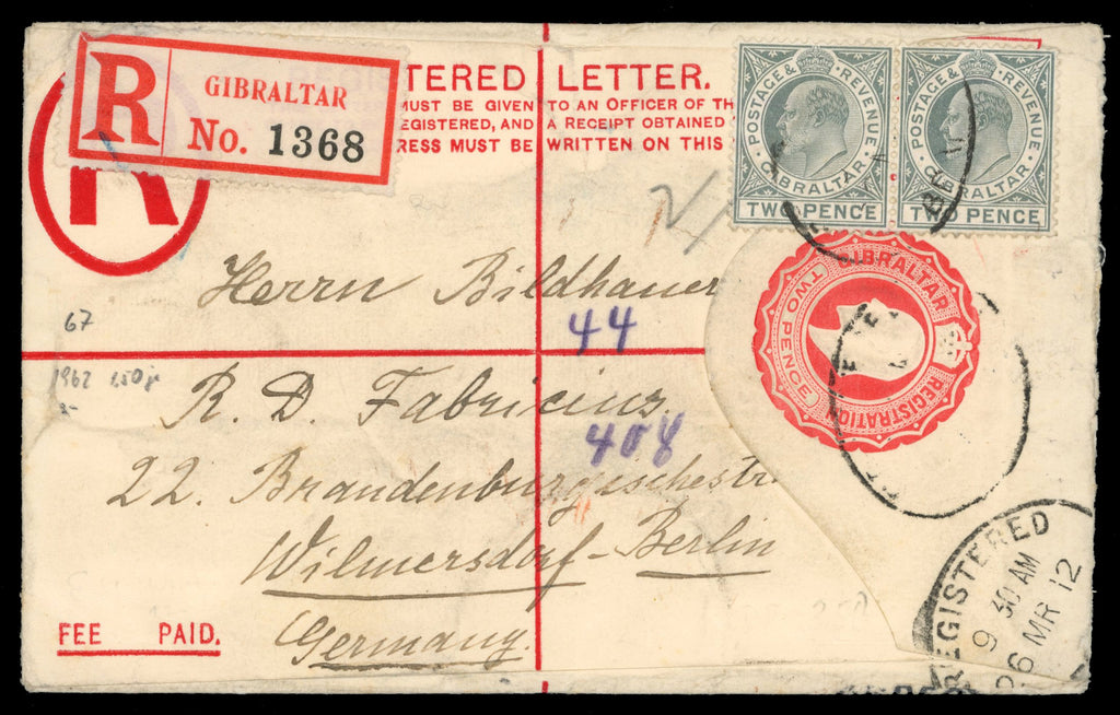 Gibraltar SG 68 Cover 1912 KEVII 2d red registered postal stationery envelope used to Germany