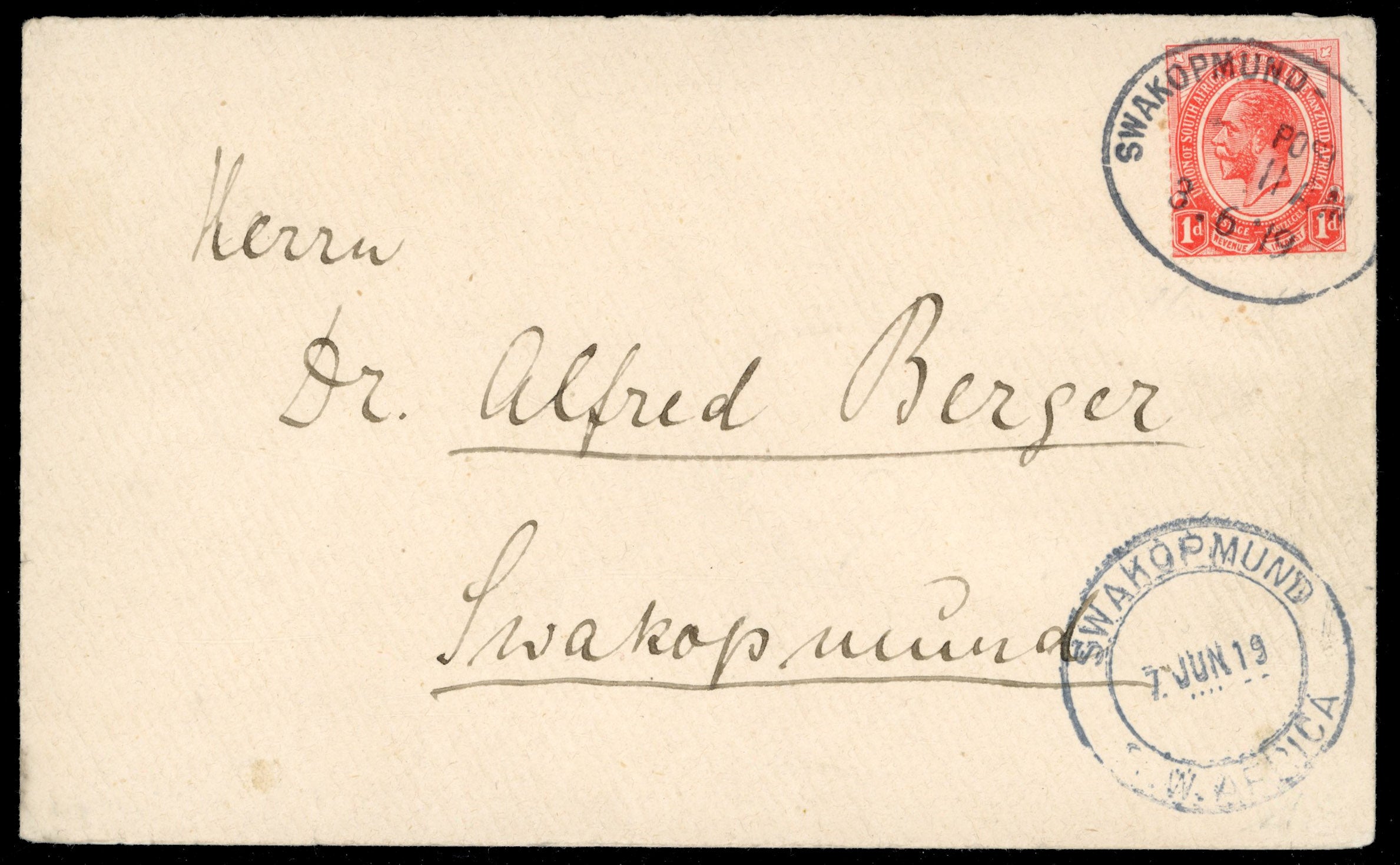 South West Africa SG Z3 1919 cover to Swakopmund with South Africa 1913-24 1d red