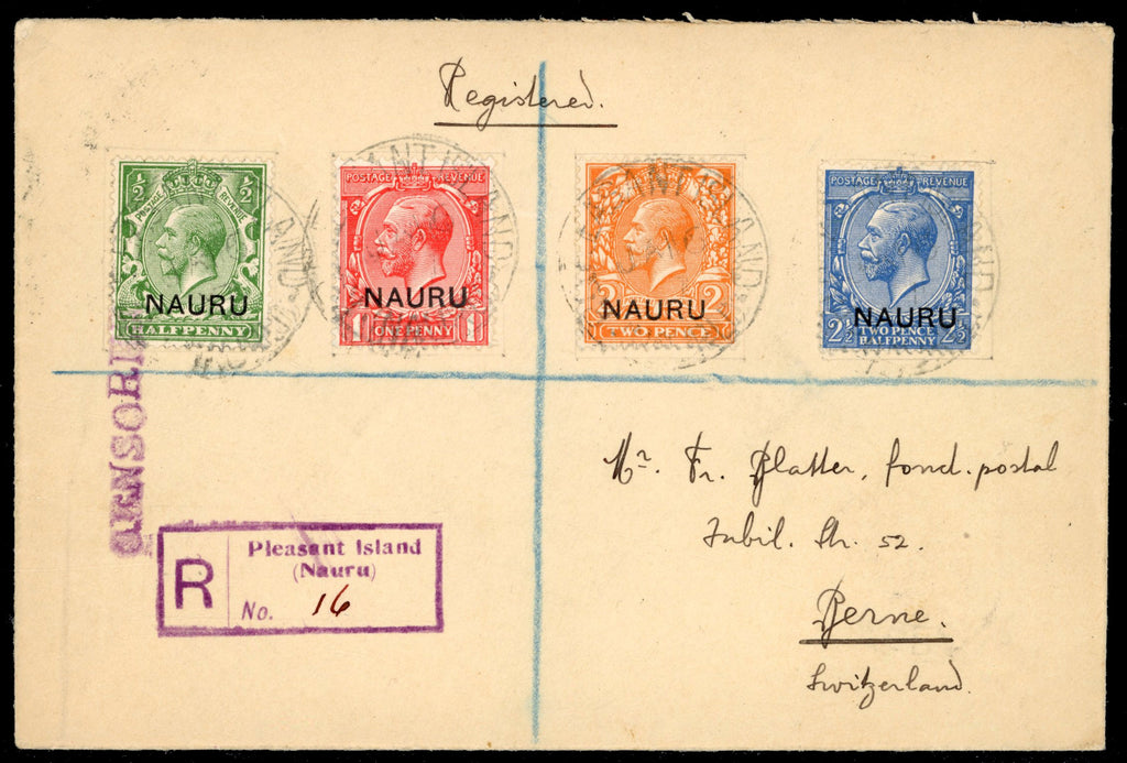 Nauru SG 1/12 ex 3 1917 trio of registered covers from Pleasant Island to Switzerland